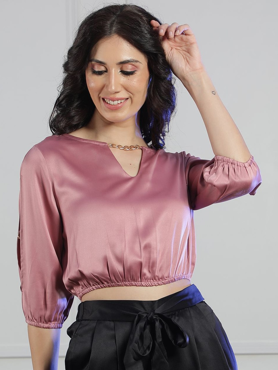 HERE&NOW Keyhole Neck Satin Crop Top