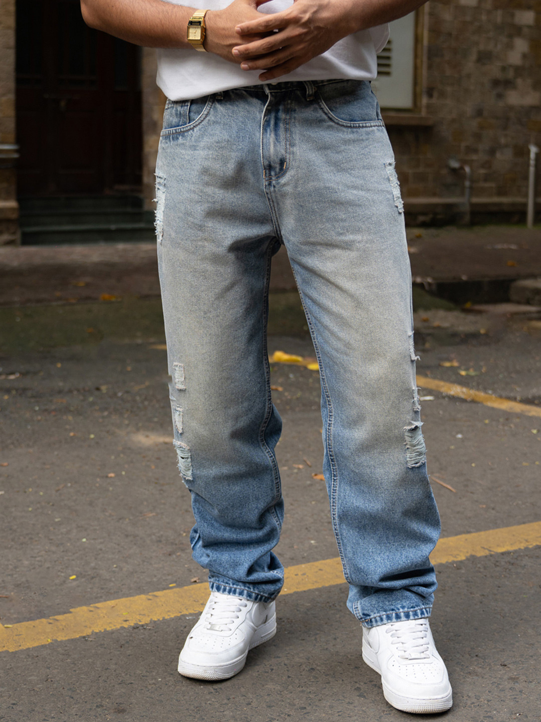 Powerlook Mid Blue Mildly Distressed Light Fade Mid-Rise Baggy Fit Jeans