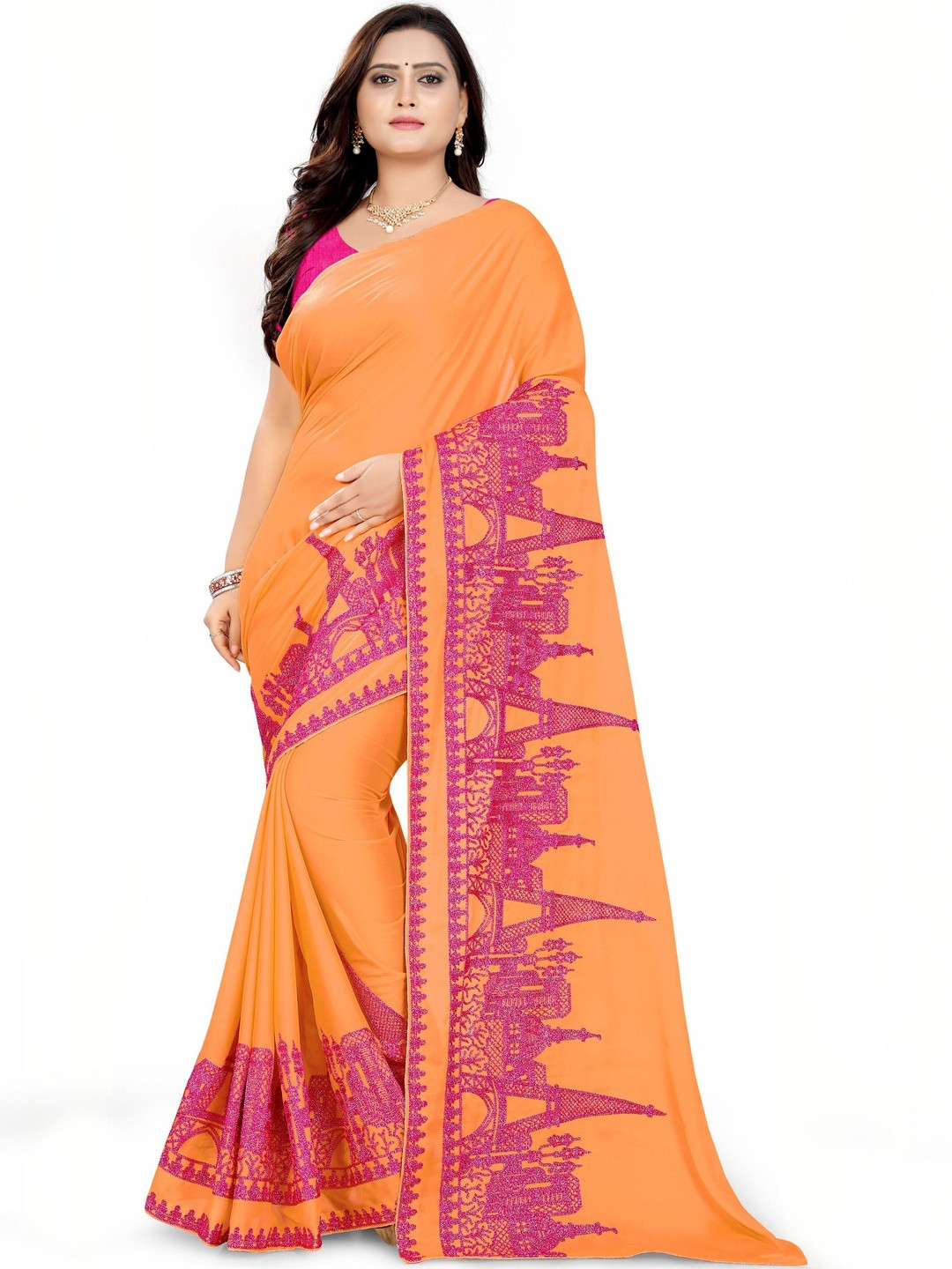 KAVINDI Ethnic Motifs Embroidered Pure Georgette Saree