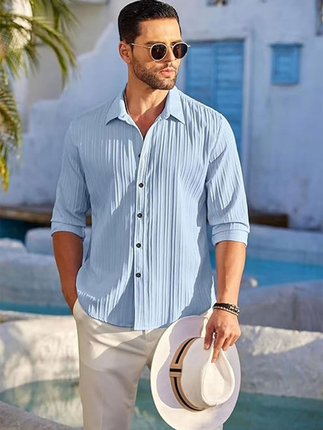Deelmo Men Textured Spread Collar Casual Shirt