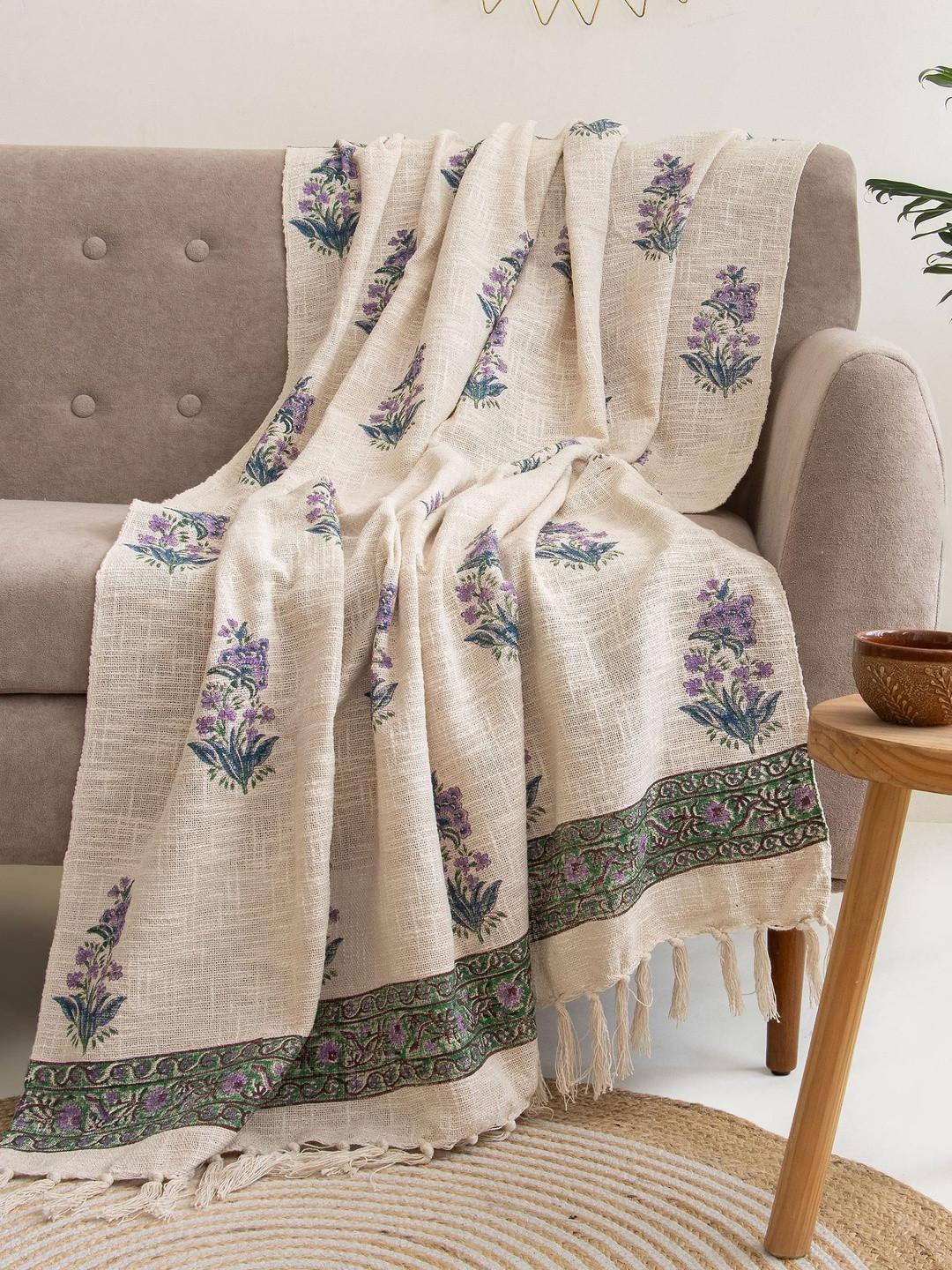 DMAASA Cream & Blue Hand Block Printed Cotton 3-Seater Sofa Throw