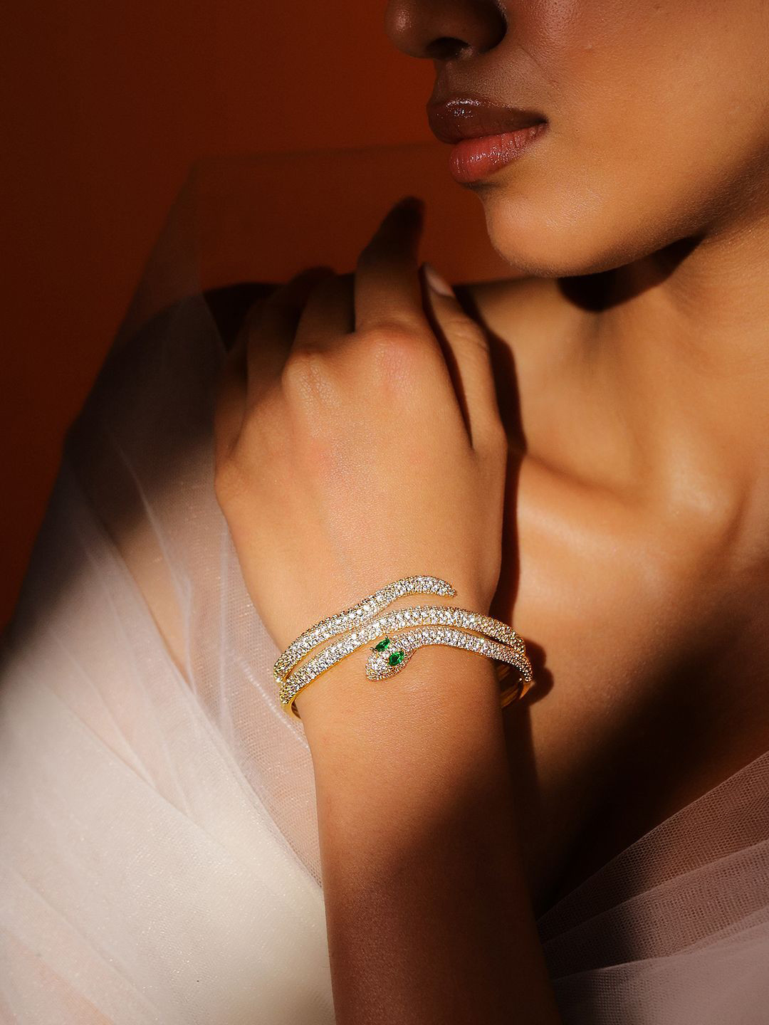 Rubans 22K Gold Plated Double Snake Design Emerald and Cubic Zirconia Openable Bracelet