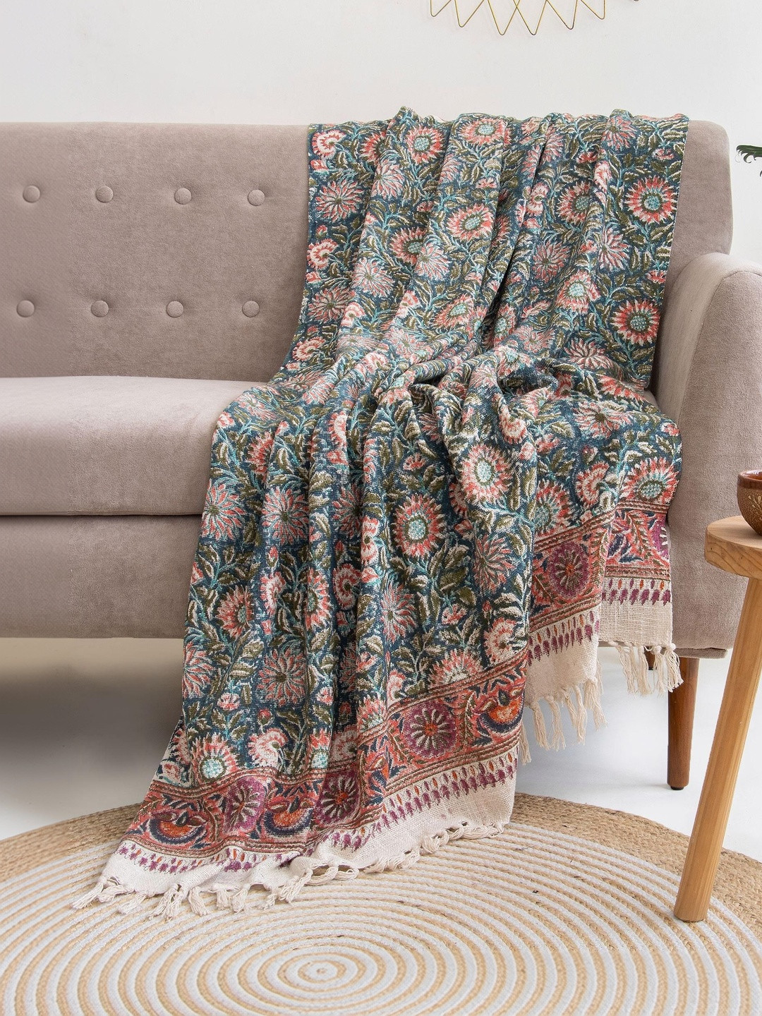 DMAASA Brown & Green Hand Block Printed Cotton 3-Seater Sofa Throw