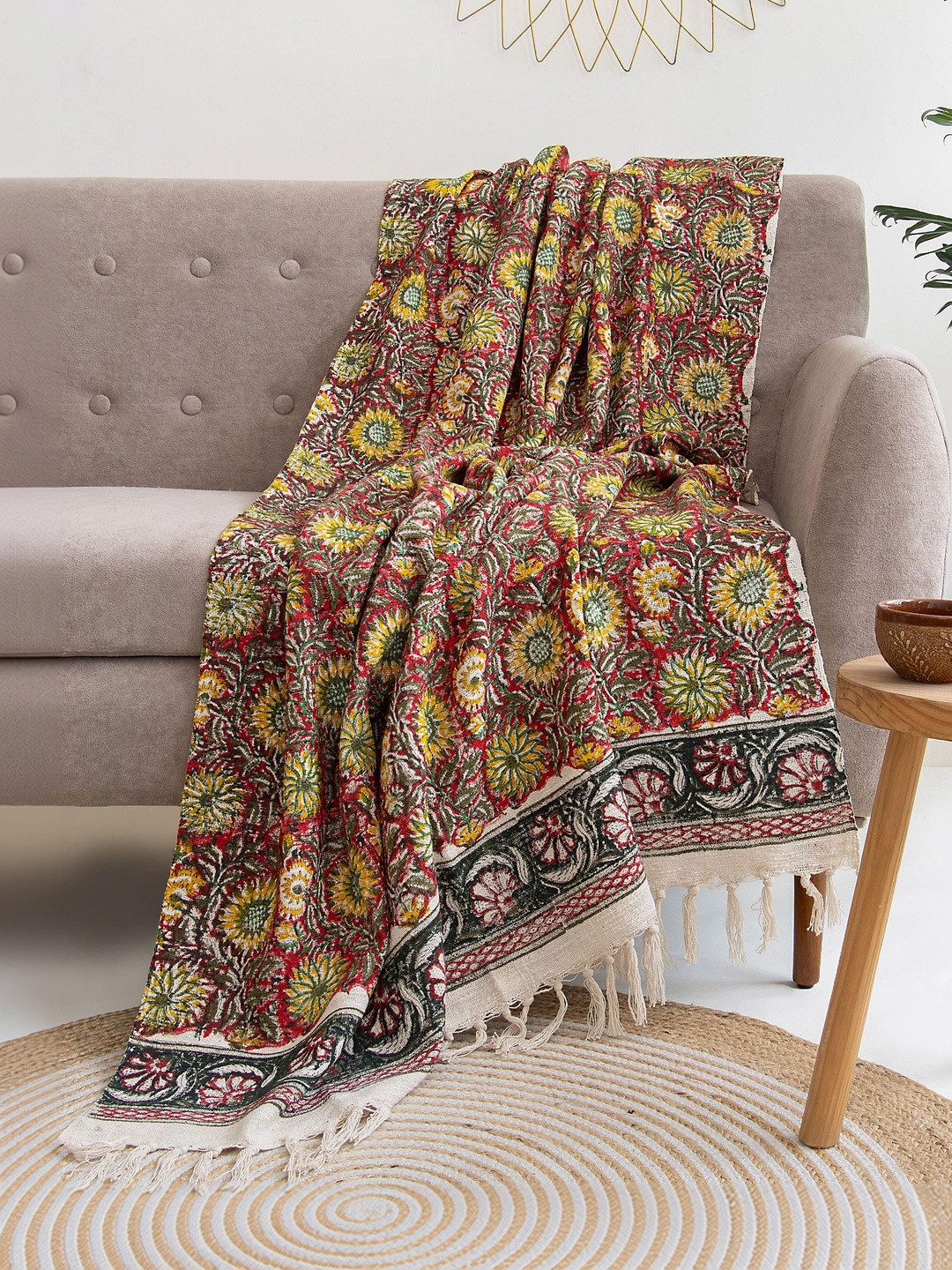 DMAASA Red & Yellow Printed Pure Cotton Sofa Throw