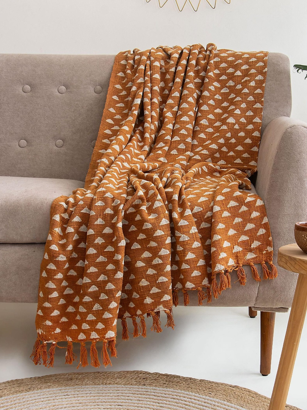 DMAASA Brown & White Printed Pure Cotton Sofa Throw