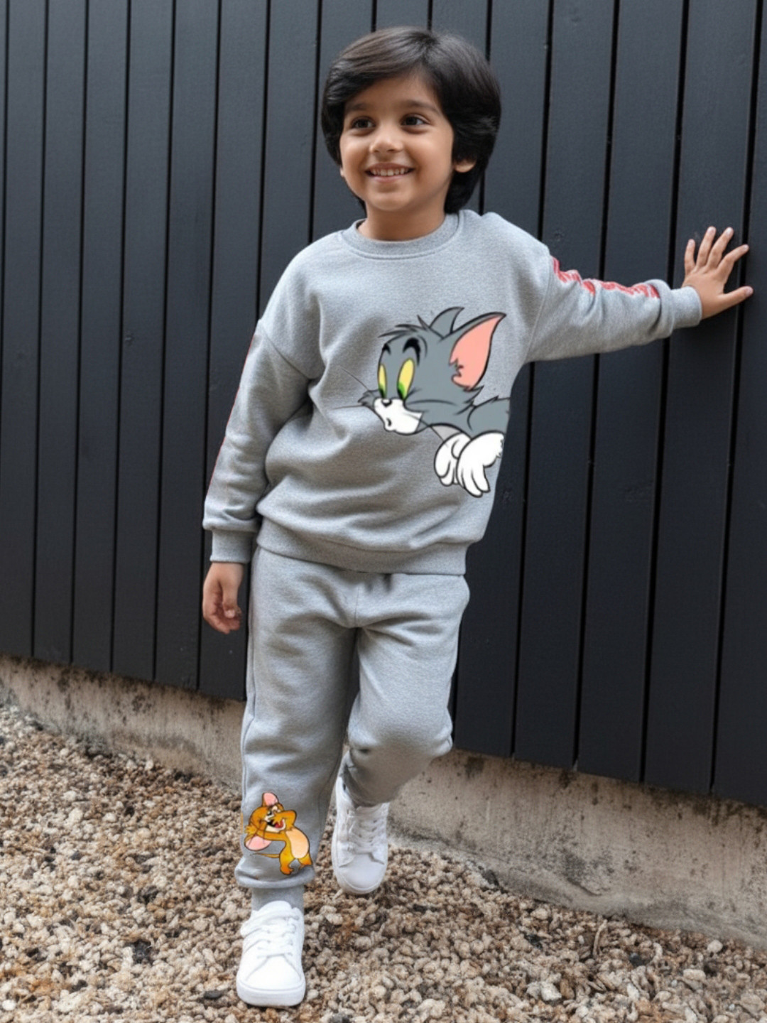 Nap Chief Kids Grey Unisex Tom and Jerry Printed Cotton Sweatshirt with Joggers Clothing Set