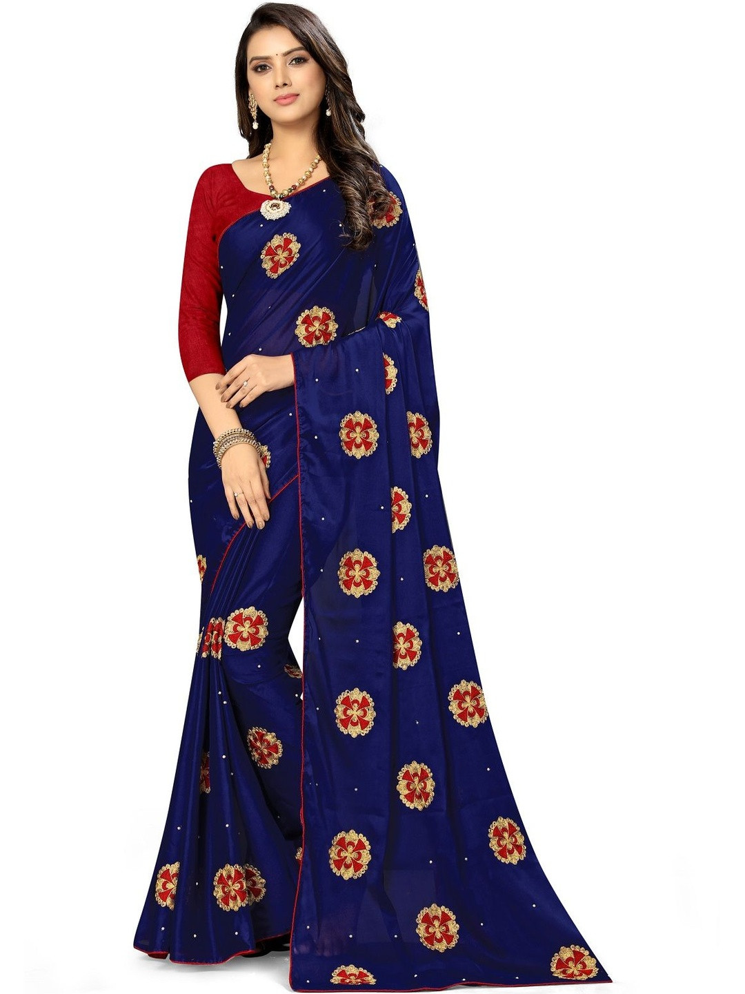 KAVINDI Floral Embroidered Art Silk Heavy Work Saree