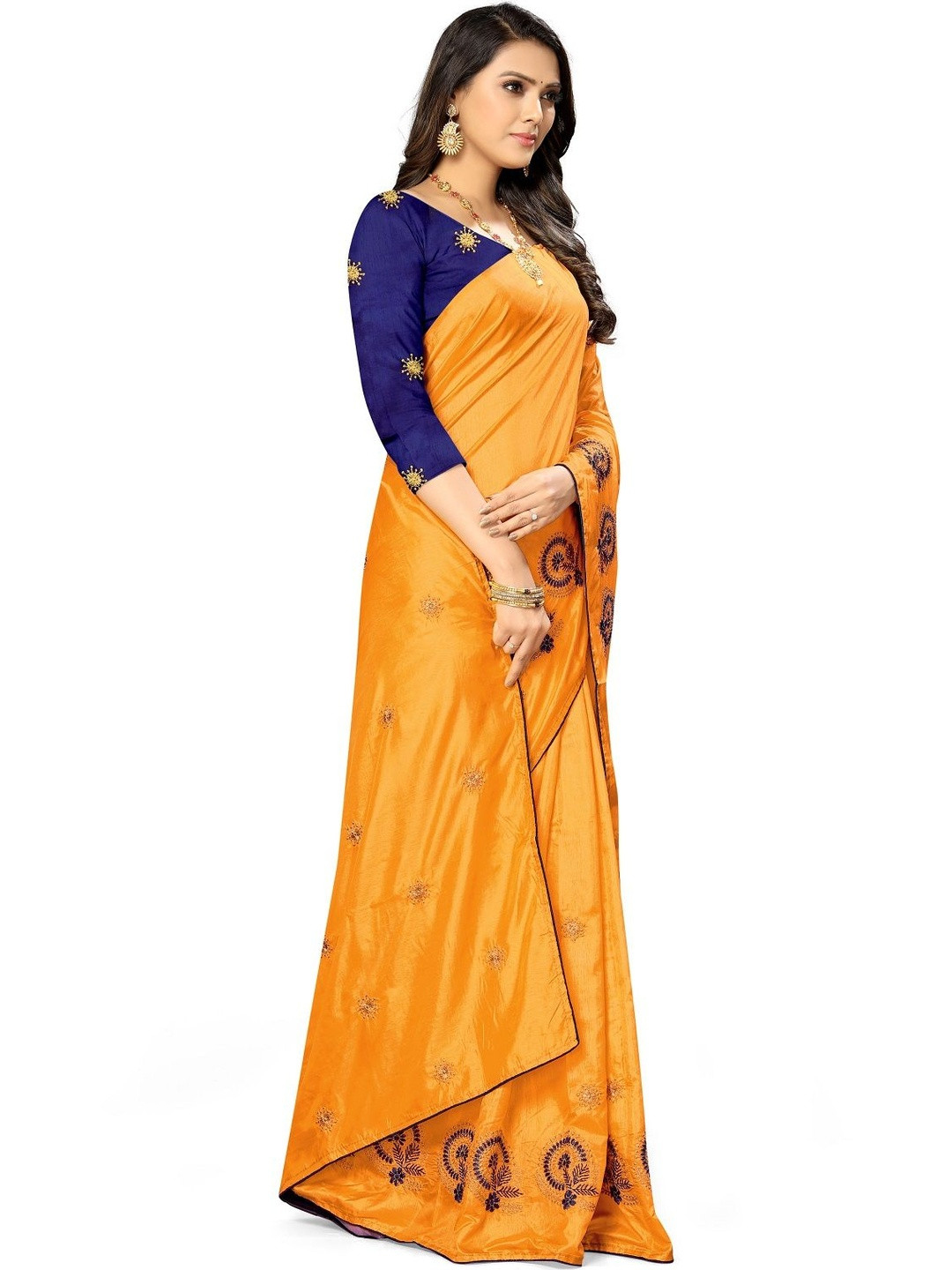 KAVINDI Women Embellished & Embroidered Art Silk Saree with Blouse Piece