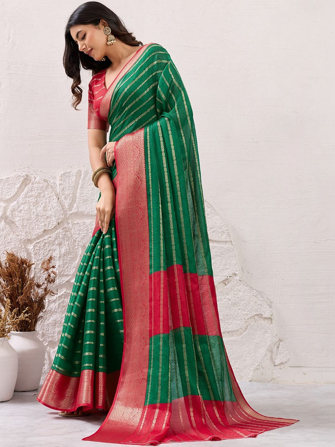 MIWA Striped Zari Art Silk Heavy Work Banarasi Saree