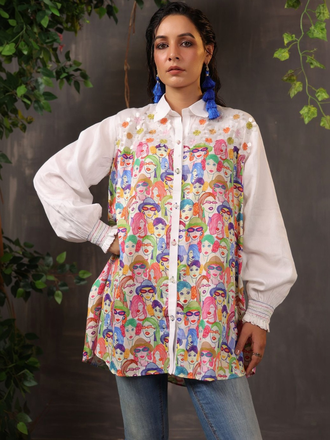 NILIMA CREATIONS Women White Conversational printed Shirt collar Cotton Top