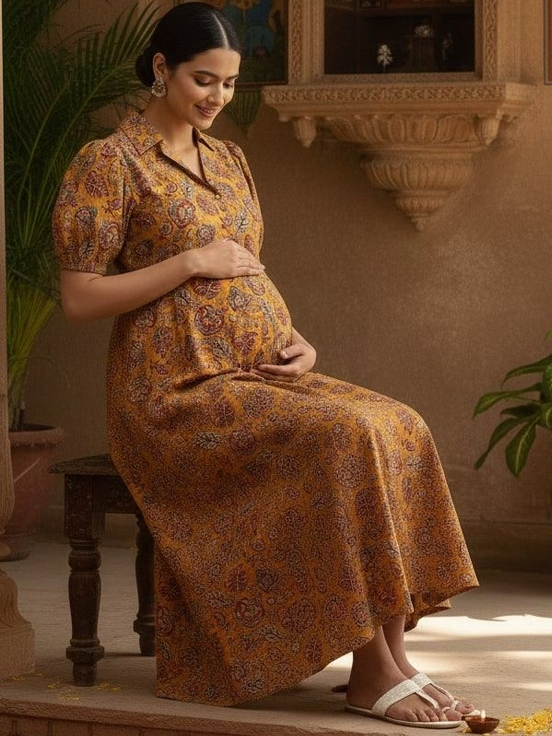Yellow Floral Puff Sleeve Maternity Midi Dress