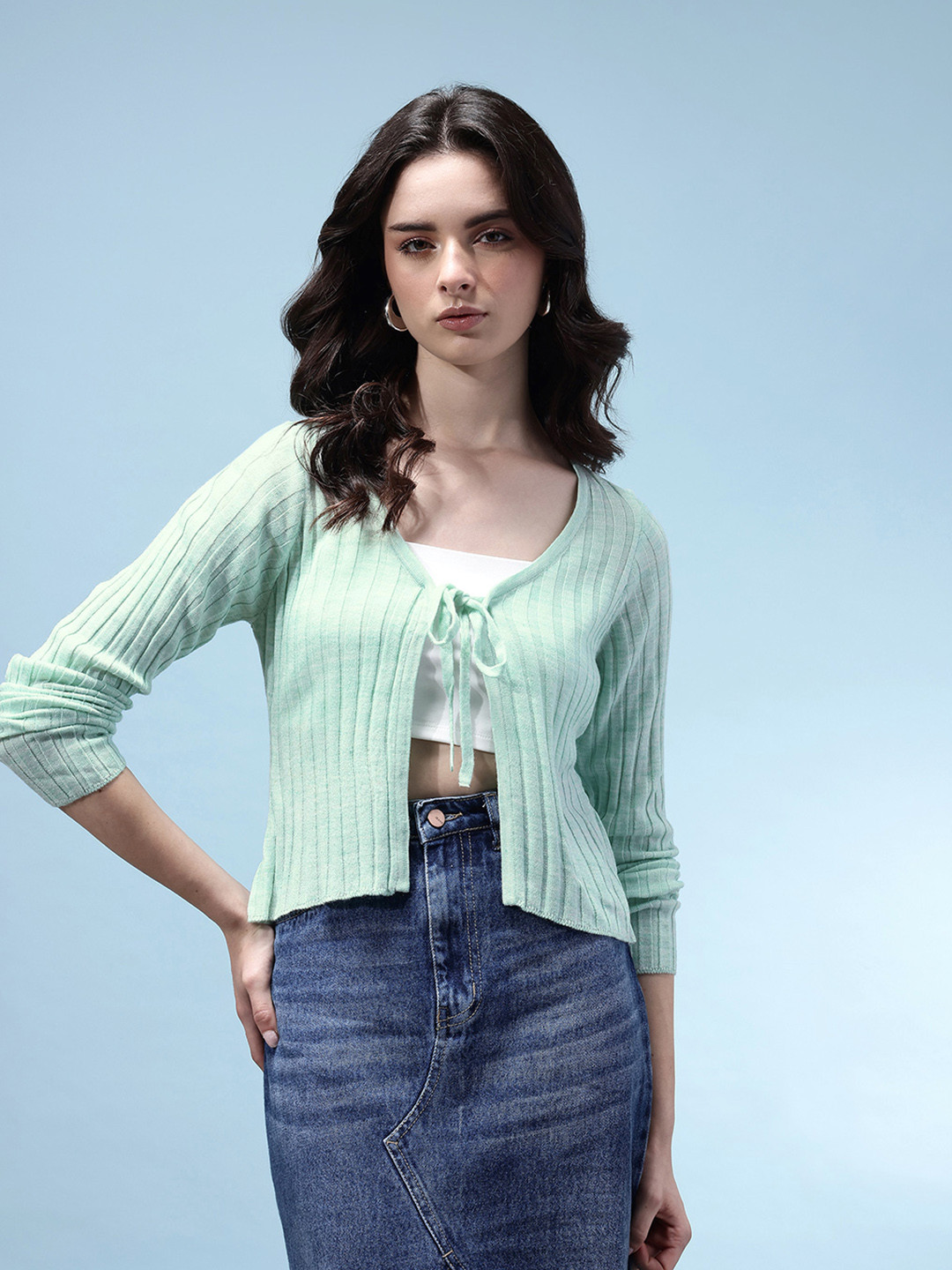 glitchez V-Neck Ribbed Crop Cardigan with Tie-Up Detail