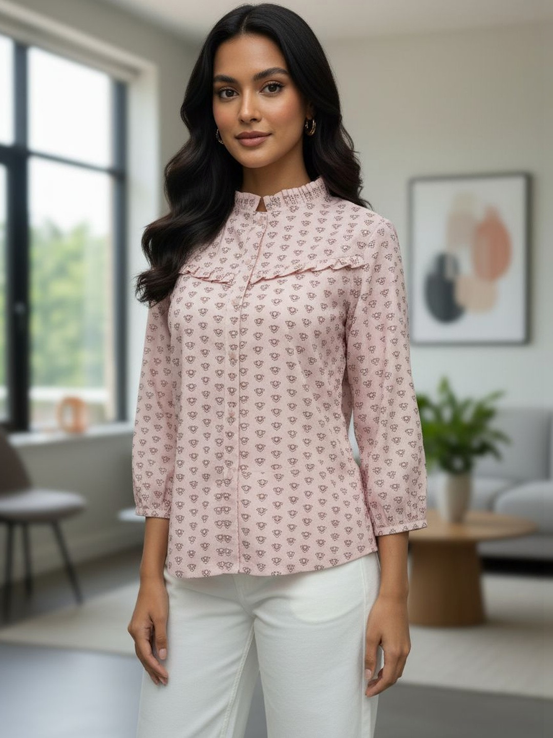 ZHOF Print Mandarin Collar Ruffles Ethnic Cotton Top