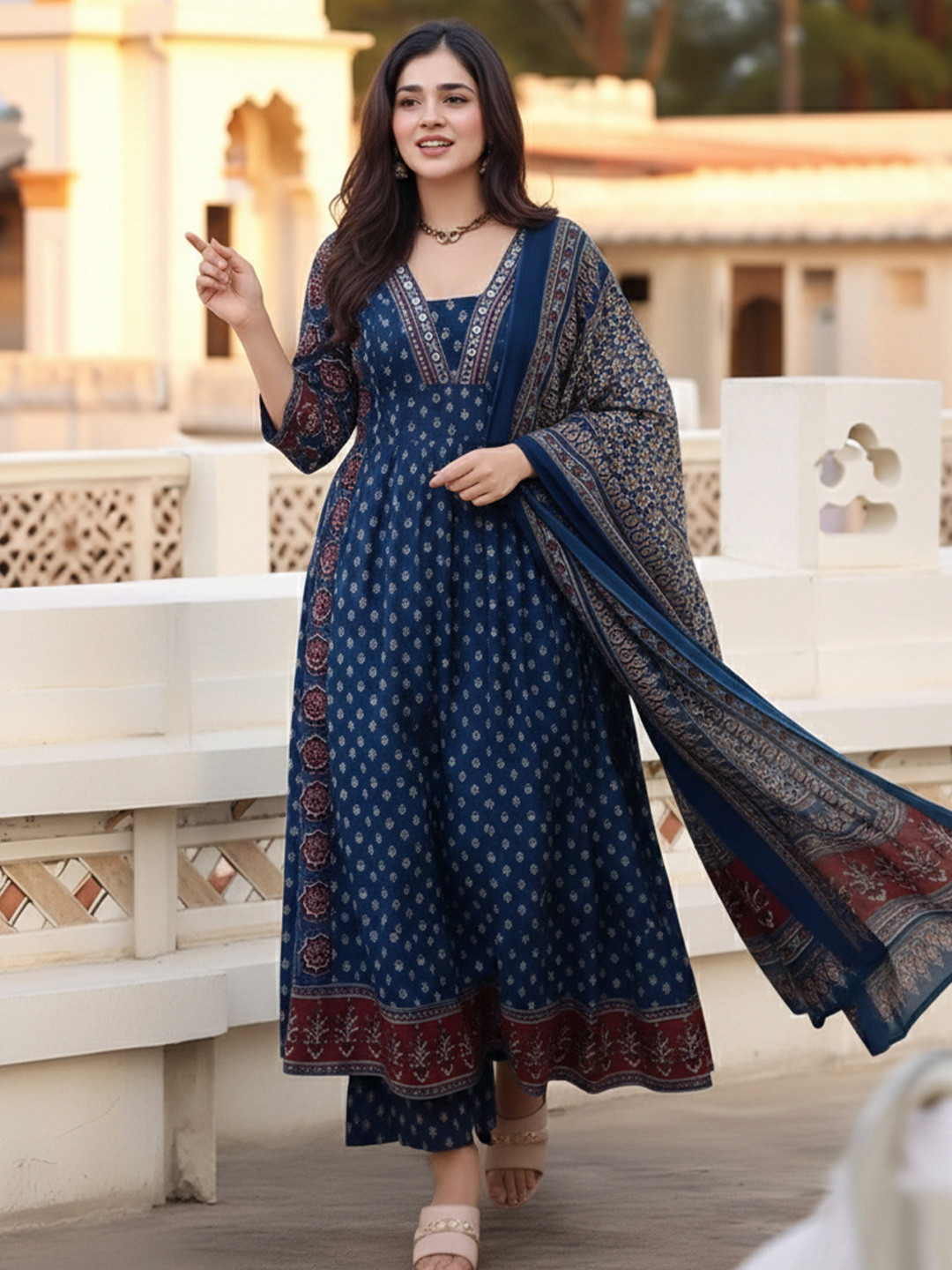 Anouk Rustic Women Ethnic Motifs Printed Panelled Kurta with Palazzos & With Dupatta