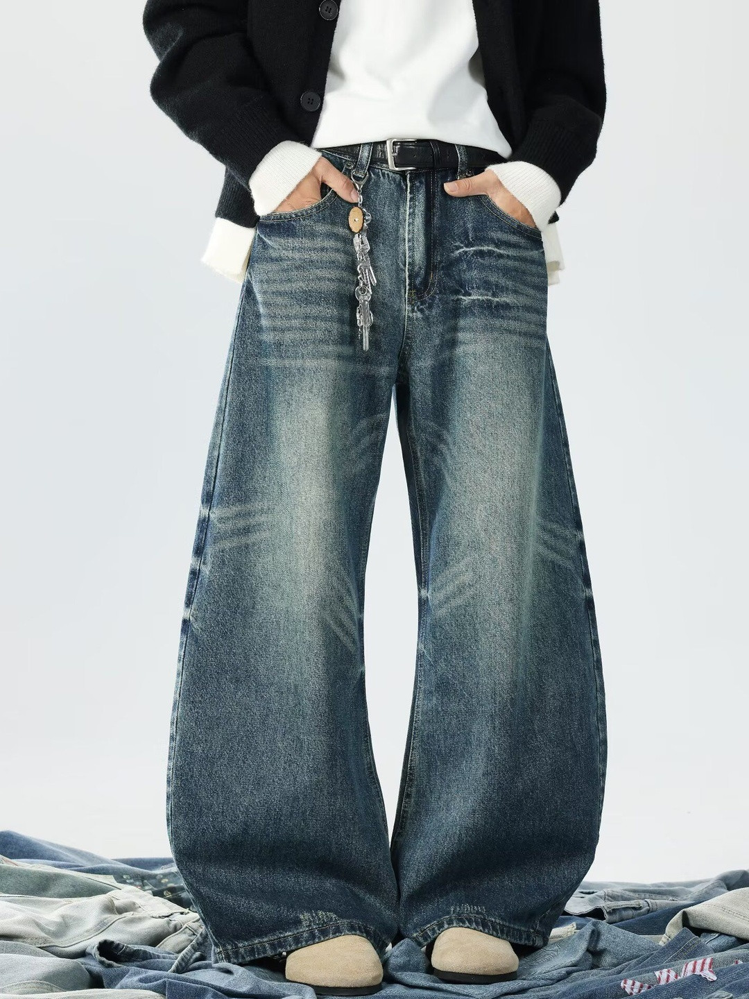 StyleCast x Revolte Men Wide Leg Mid-Rise Light Fade Jeans