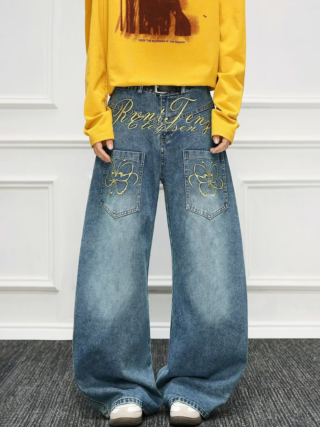 StyleCast x Revolte Men Wide Leg Mid-Rise Light Fade Printed Jeans