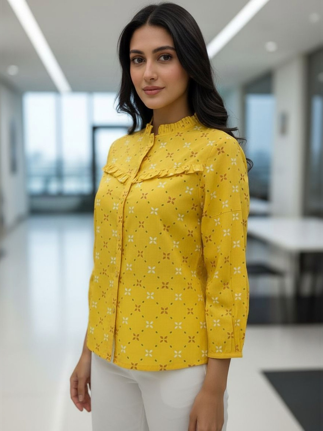 ZHOF Geometric Print Mandarin Collar Ruffles Ethnic Cotton Top