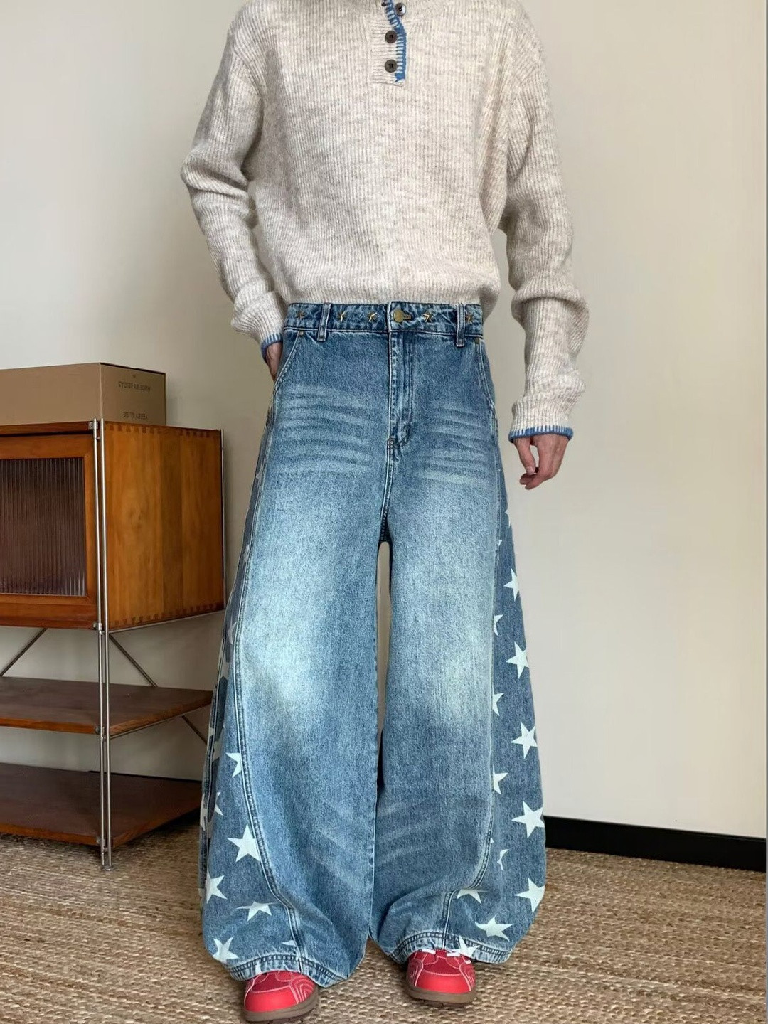 StyleCast x Revolte Men Wide Leg Mid-Rise Light Fade Printed Jeans - Image 1