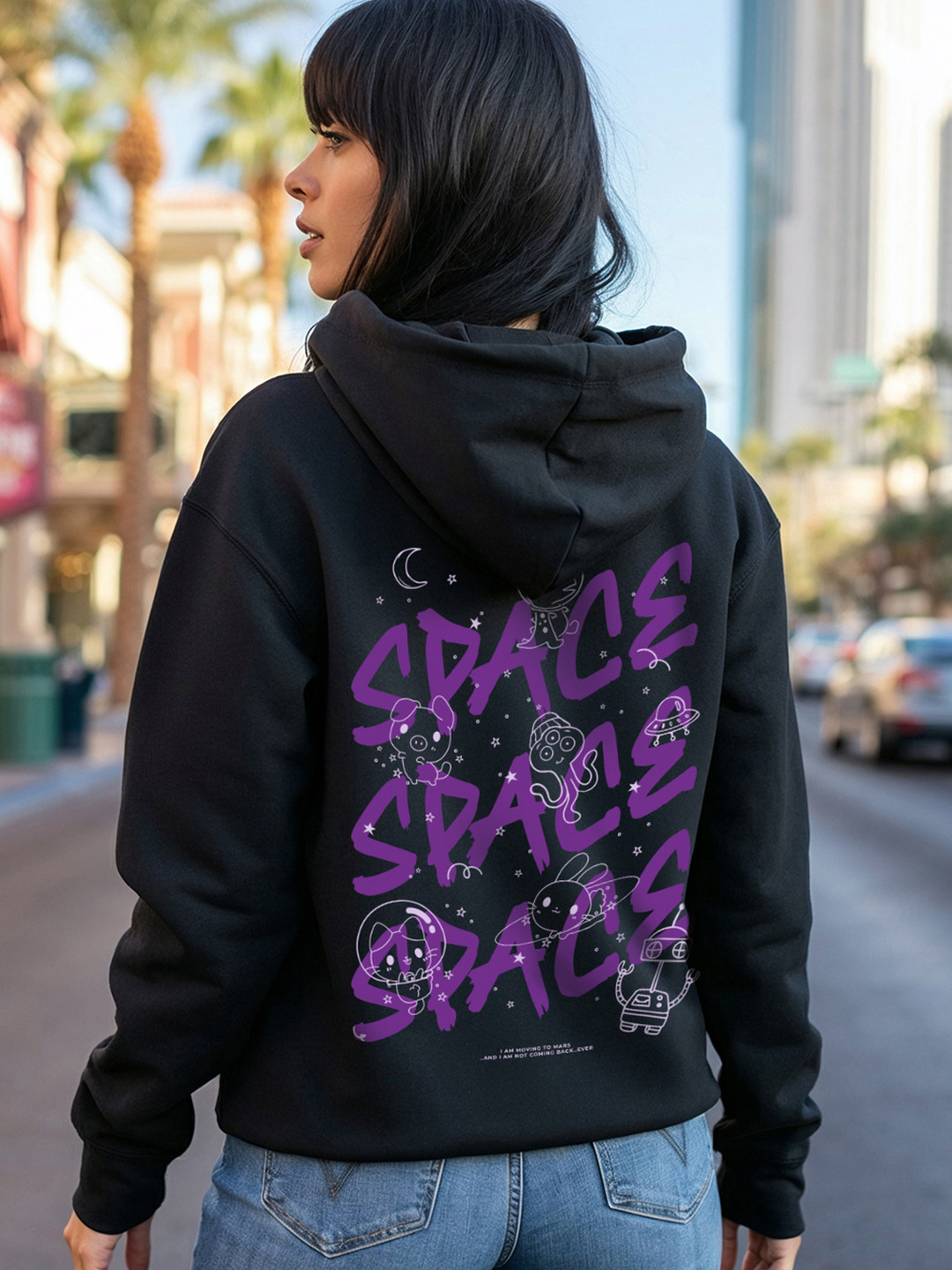 Bewakoof Black Oversized Fit Space Printed Hooded Fleece Sweatshirt