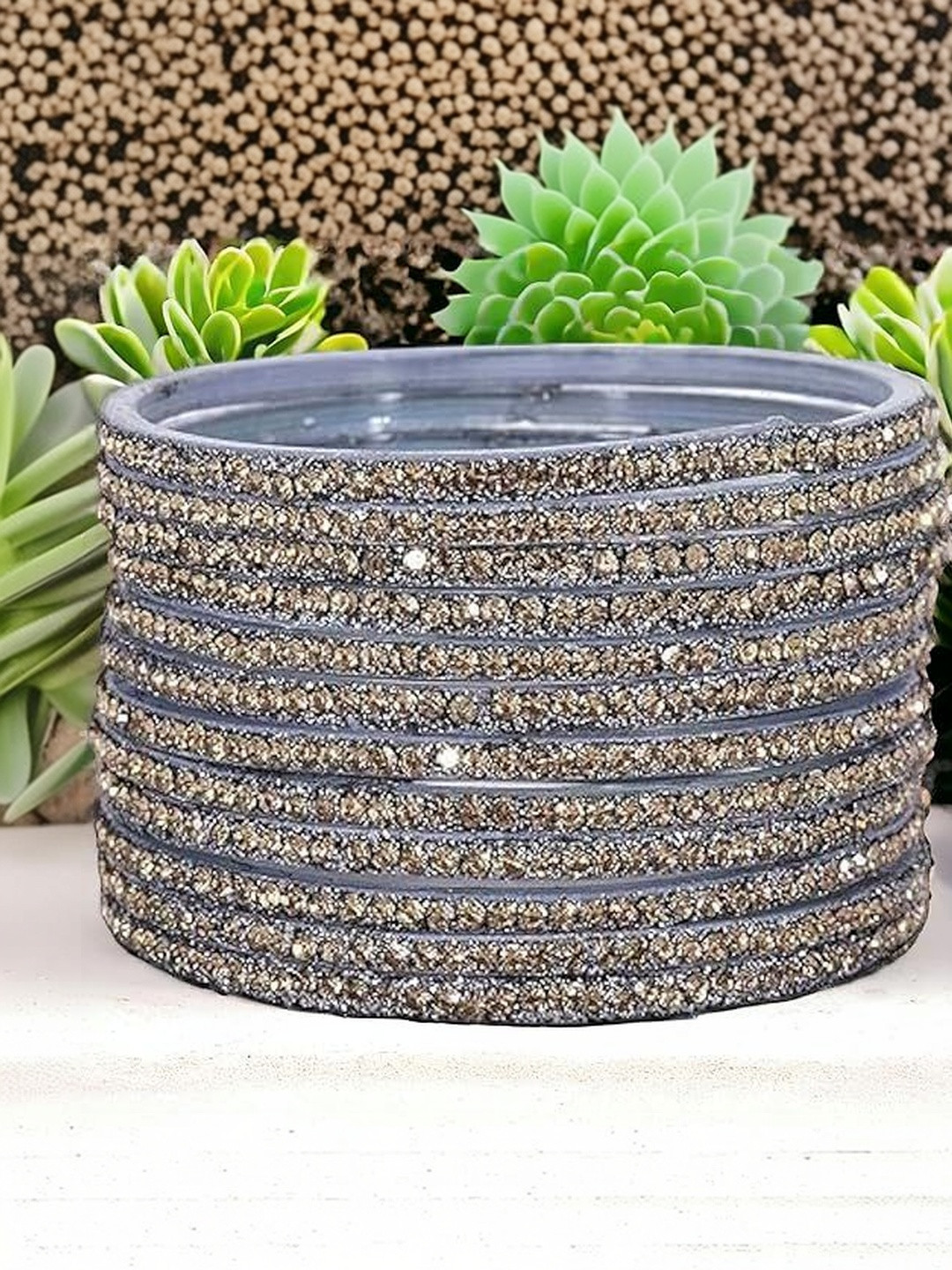 Abu fashion Pack of 12 Glass Golden Zircon Gemstone Studded Bangles Set