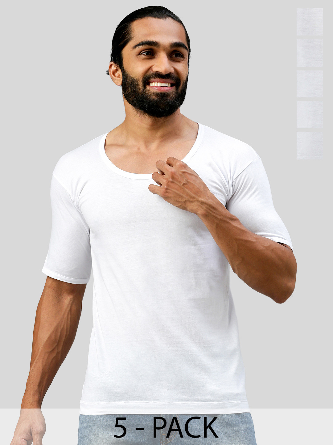 Amul Comfy Pack of 5 Men's Pure Cotton White Vest with Sleeve