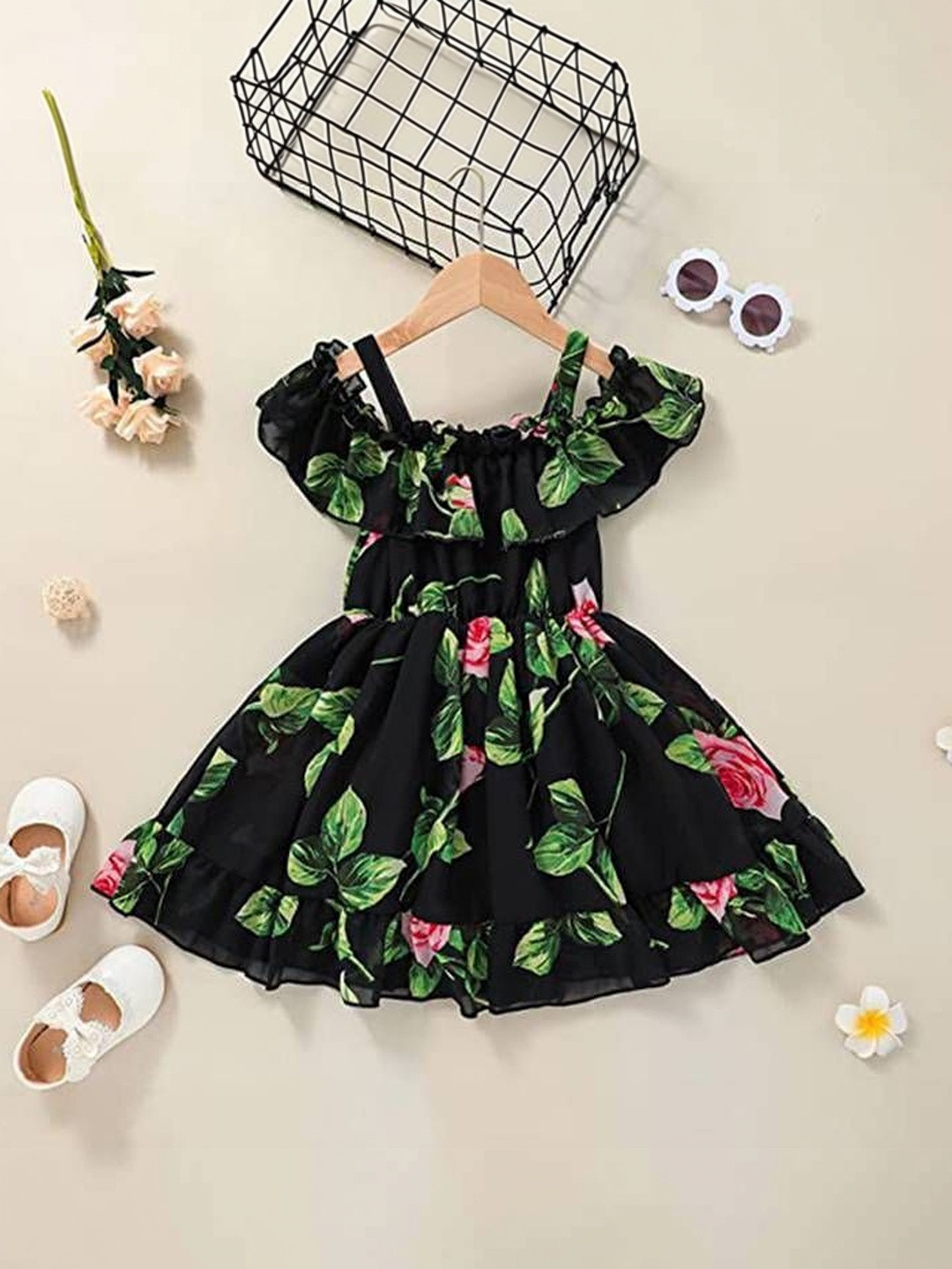 DHARMIKAAY TRENDZ Floral Print Cold-Shoulder Fit & Flare Dress