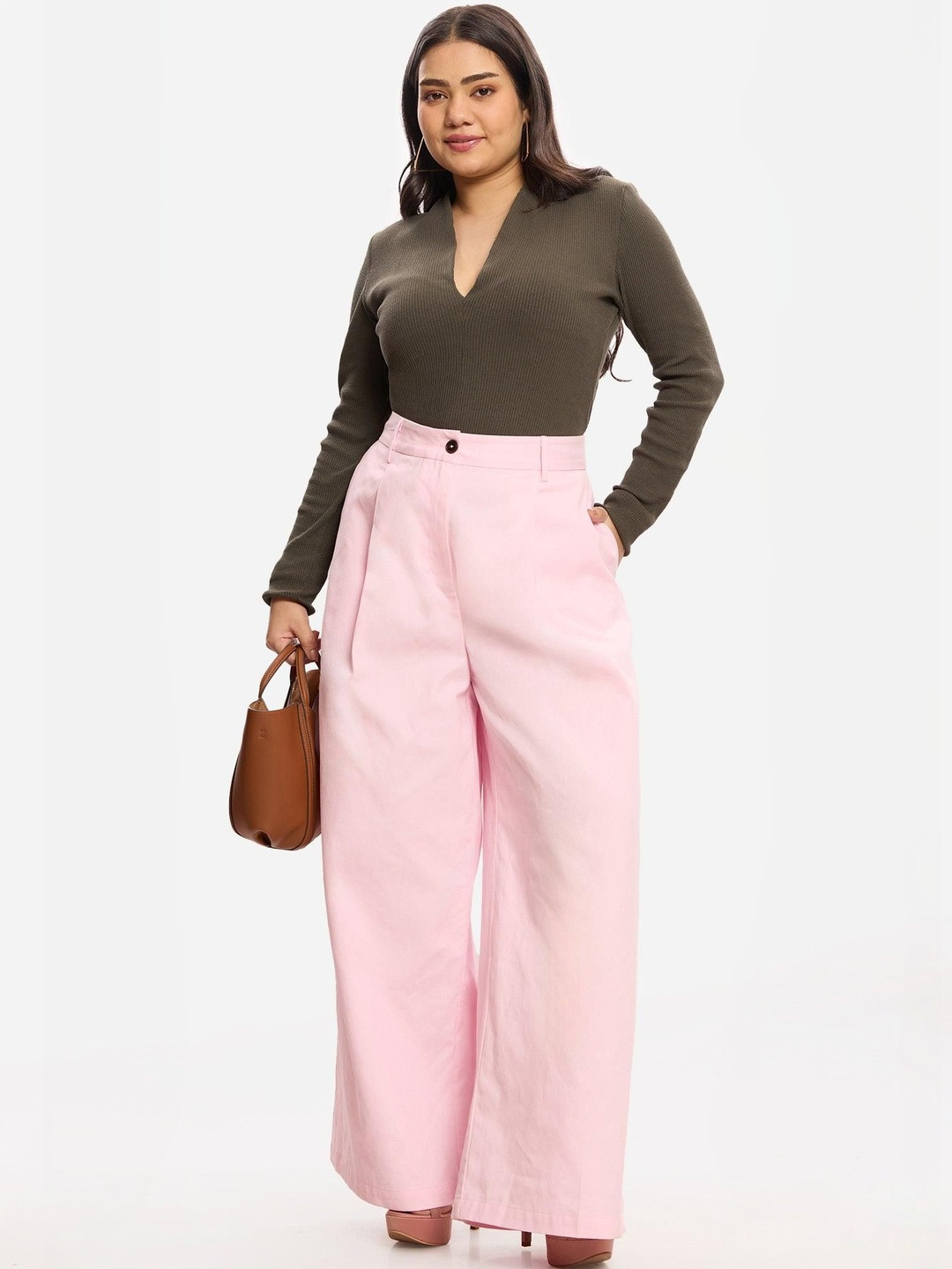 Virgio Solid Cotton Regular High-Rise Plus Size Trousers