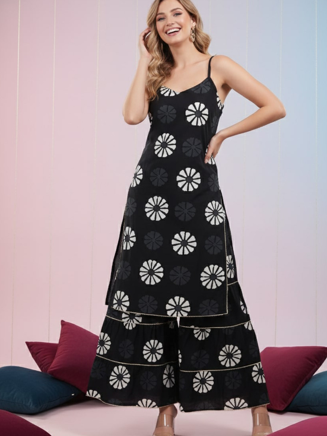 GIANNA Floral Printed Shoulder Straps Pure Cotton Gotta Patti Straight Kurta Wth Sharara