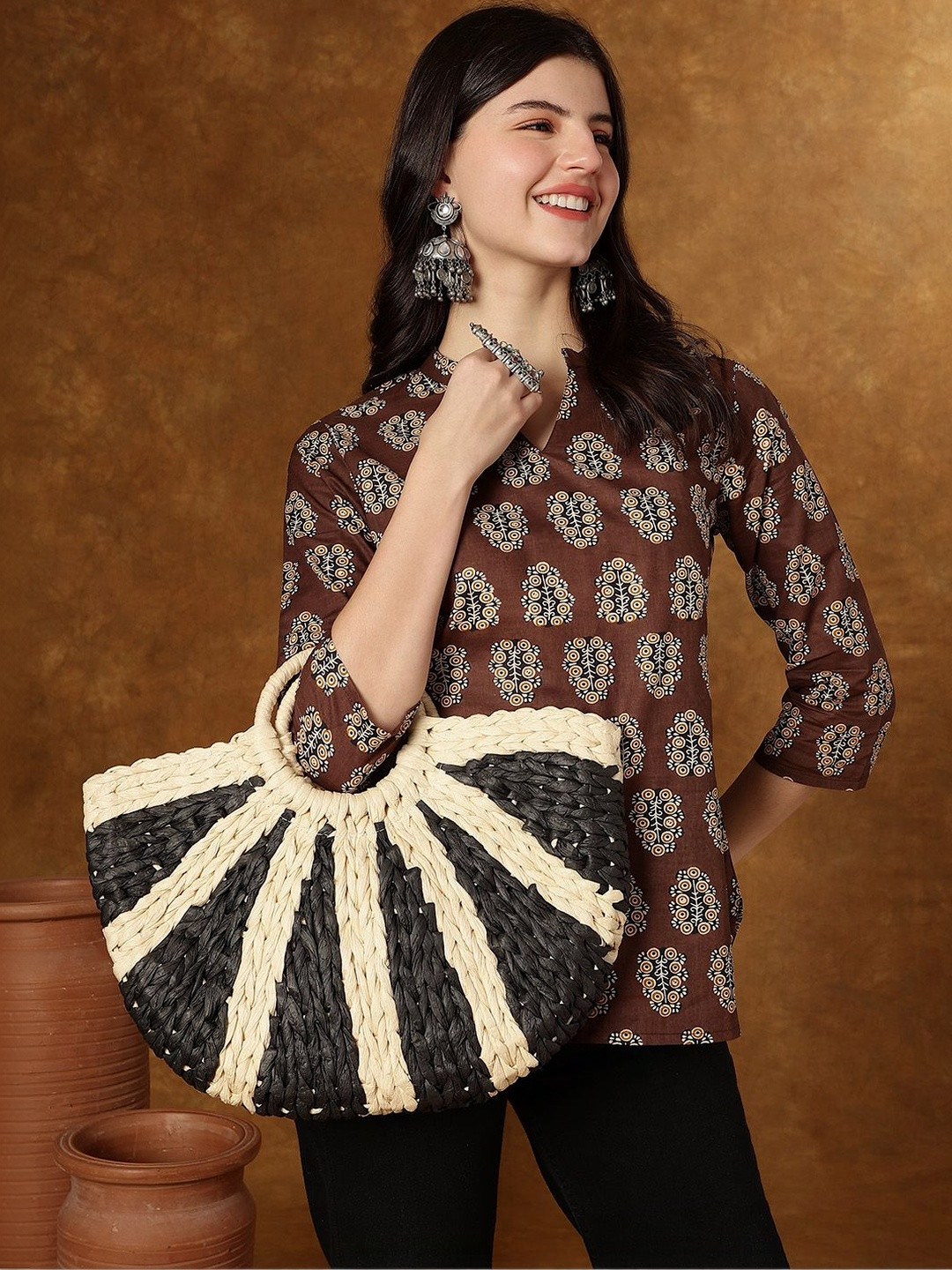 Varun Handicraft Print Mandarin Collar Ethnic Cotton Top