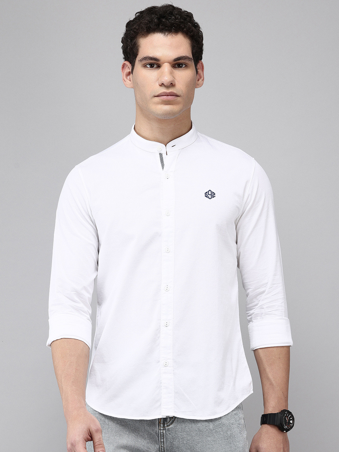 SPYKAR Pure Cotton Band Collar Slim Fit Casual Shirt