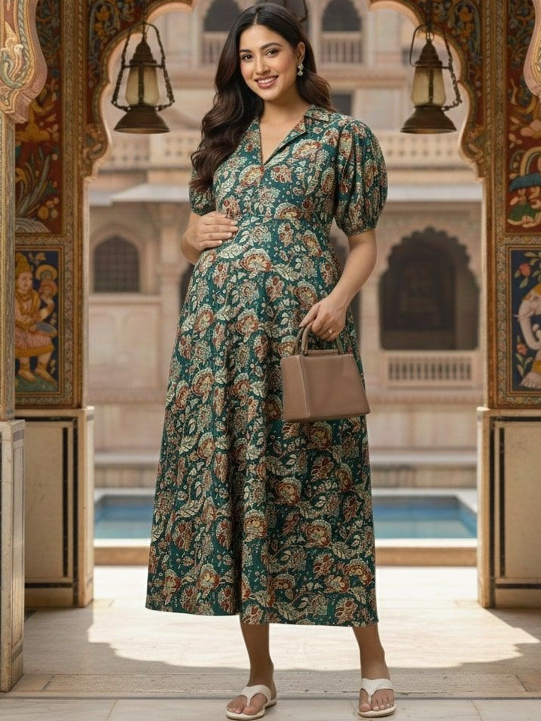 Pahanawa Floral Print Puff Sleeve Maternity A-Line Midi Dress