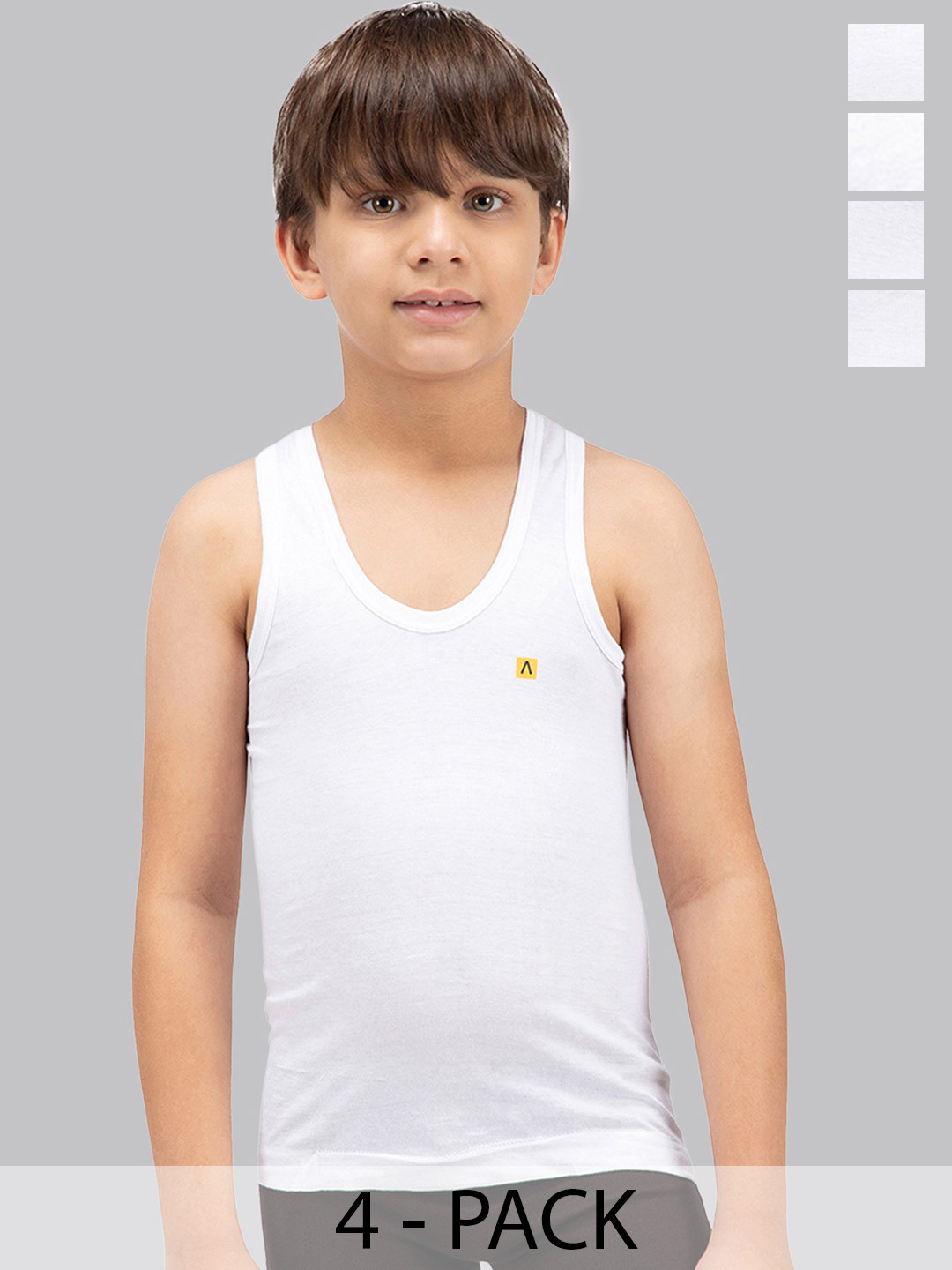 AMUL COMFY Boy Pack of 4 Cotton White Plain Vest Sleeveless innerwear