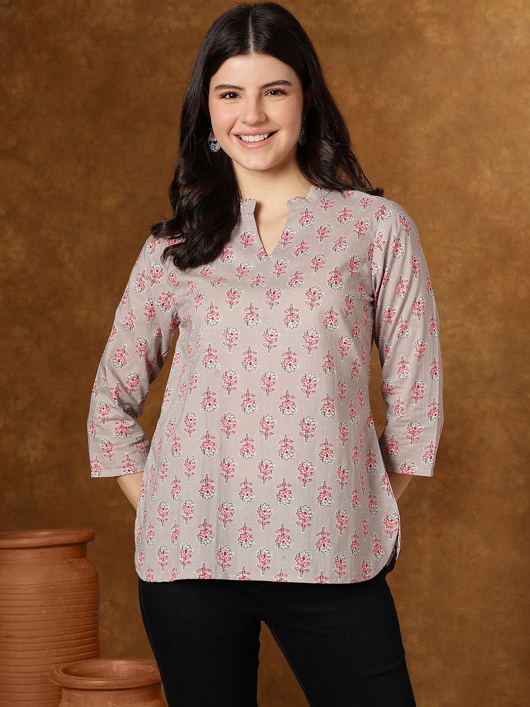 Varun Handicraft Print Mandarin Collar Ethnic Cotton Top