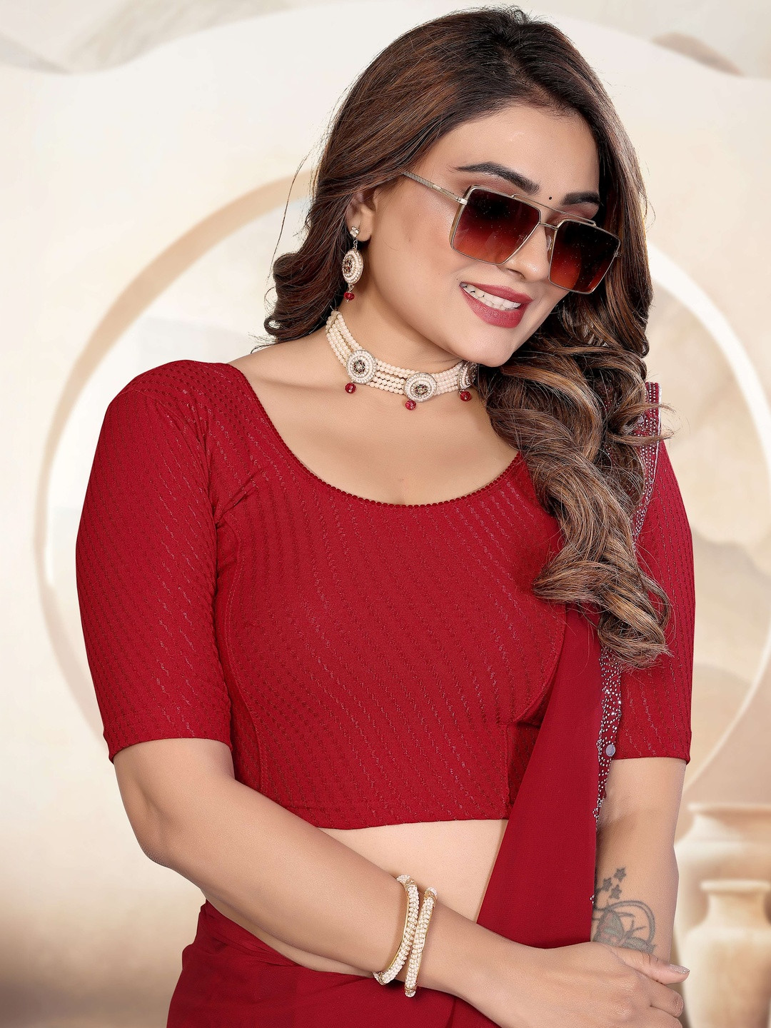 B.TEX FASHION Embellished Round Neck Saree Blouse