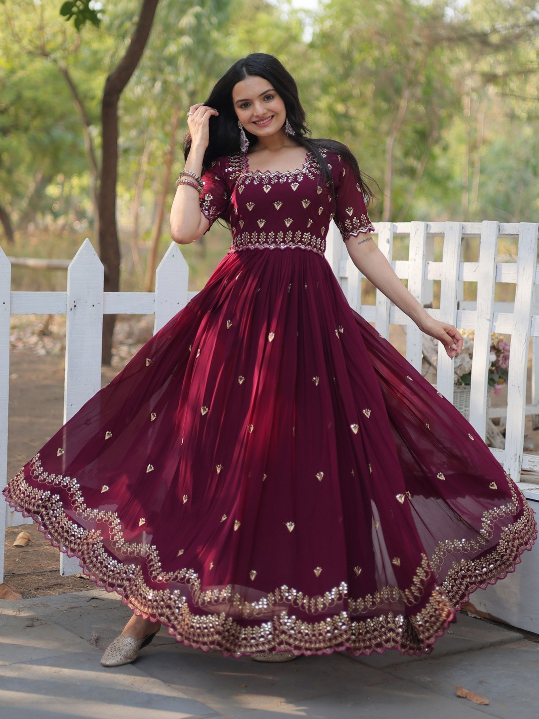 HERE&NOW Women Embellished Sequinned Grandeur & Majestic Artwork Khadi Georgette Anarkali Kurta