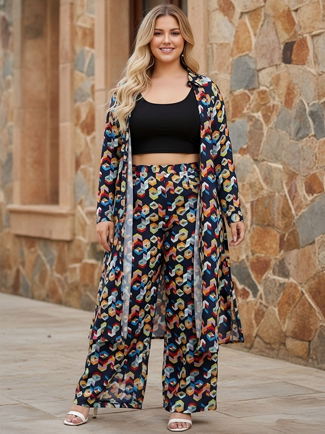 Berrylush Curve Geometric Printed Shirt Collar Tunic With Trousers