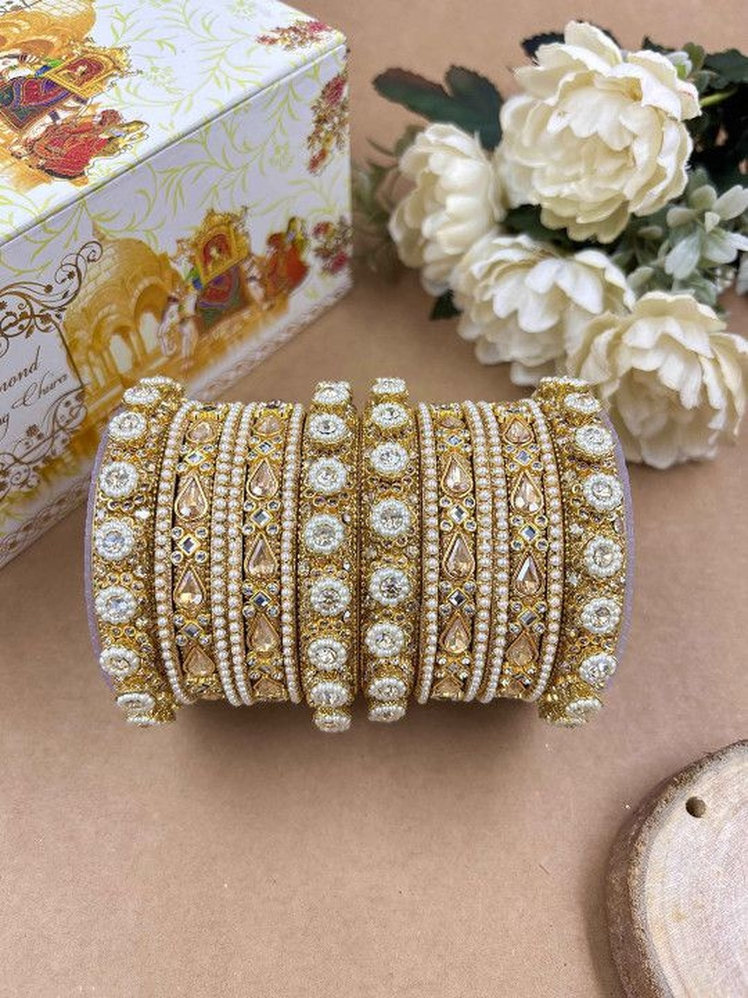 Wedding Chuda by Hitesh Bangles Set of 16 Stone-Studded & Beaded Bangles