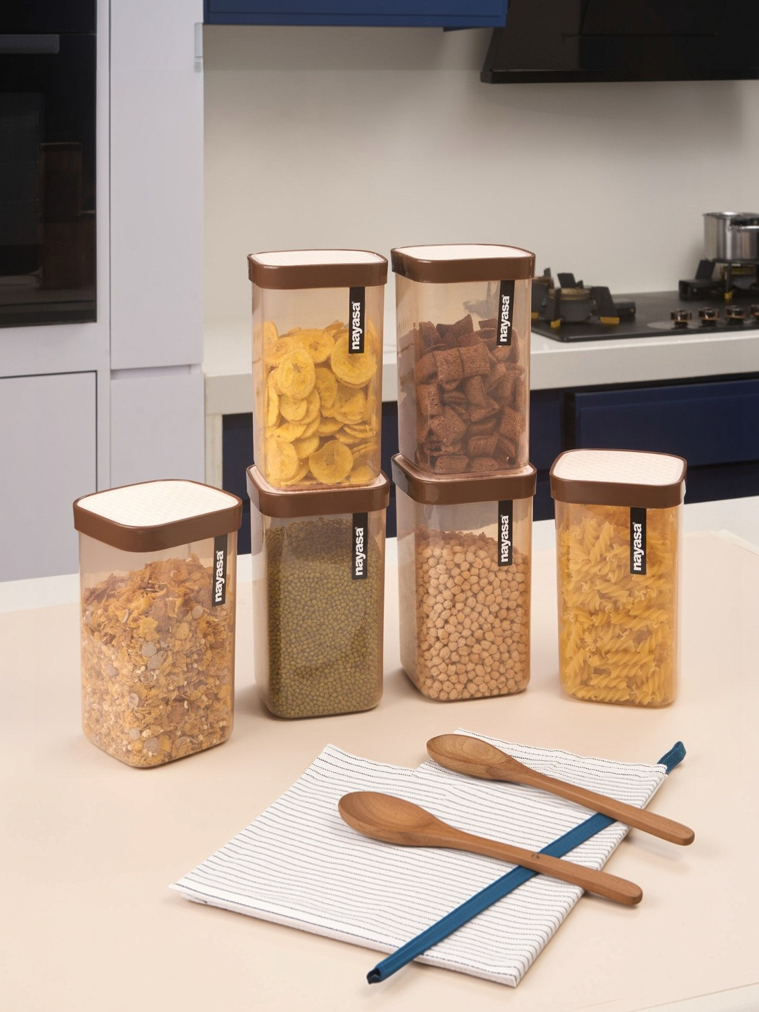 NayasaSet Of 6 Fusion Brown Solid Plastic Airtight Kitchen Storage Container Set 2100ml