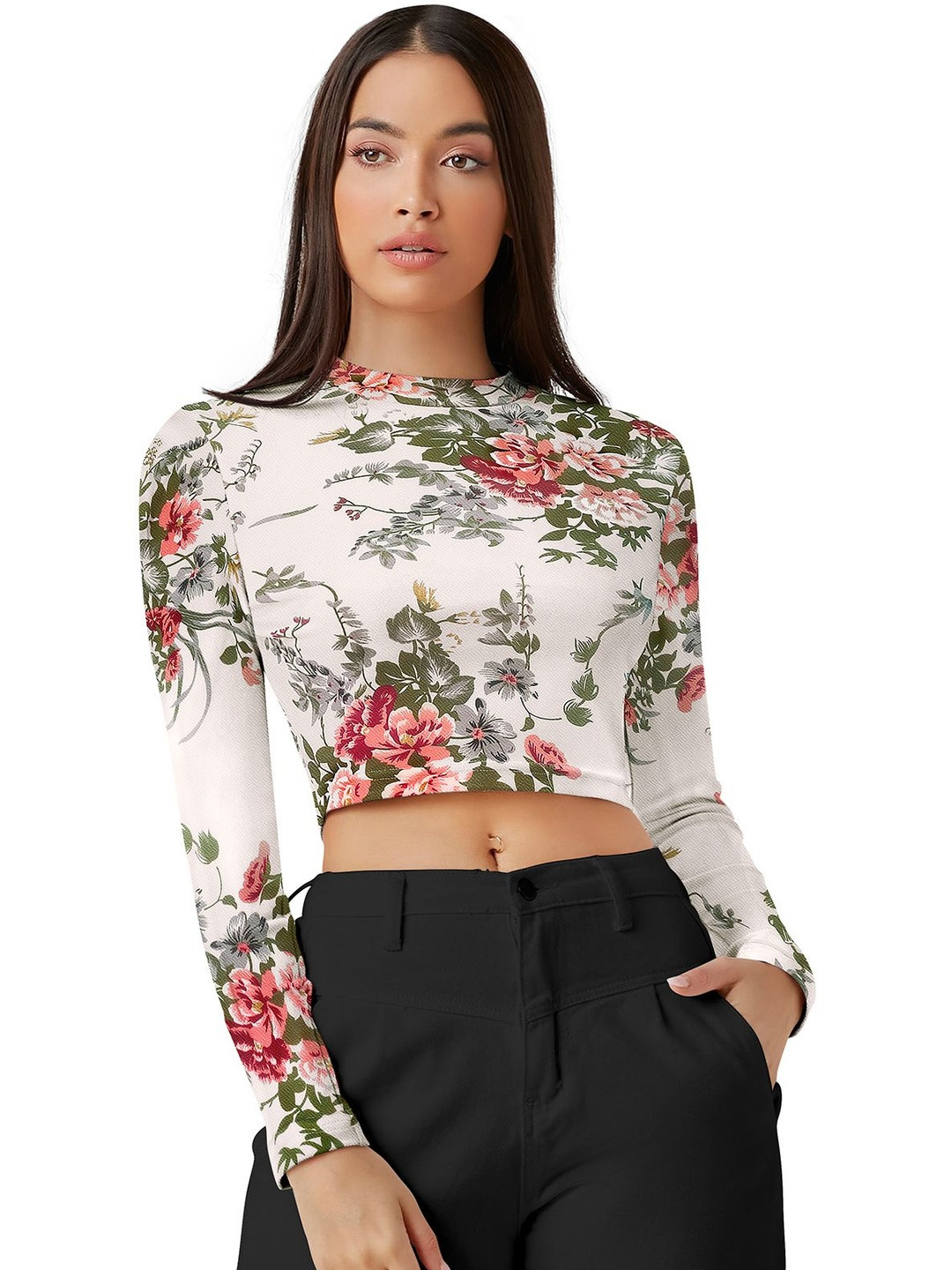 Fashion2wear Floral Print Crepe Crop Top