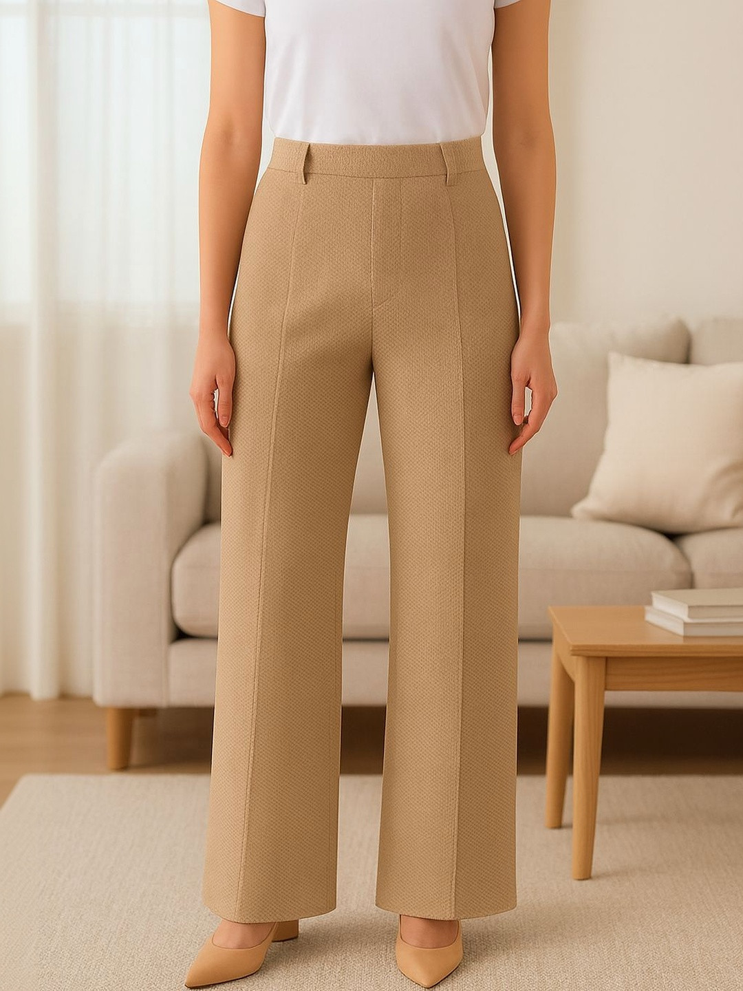 VOGAAN Women Textured Tailored Loose Fit High-Rise Easy Wash Trousers