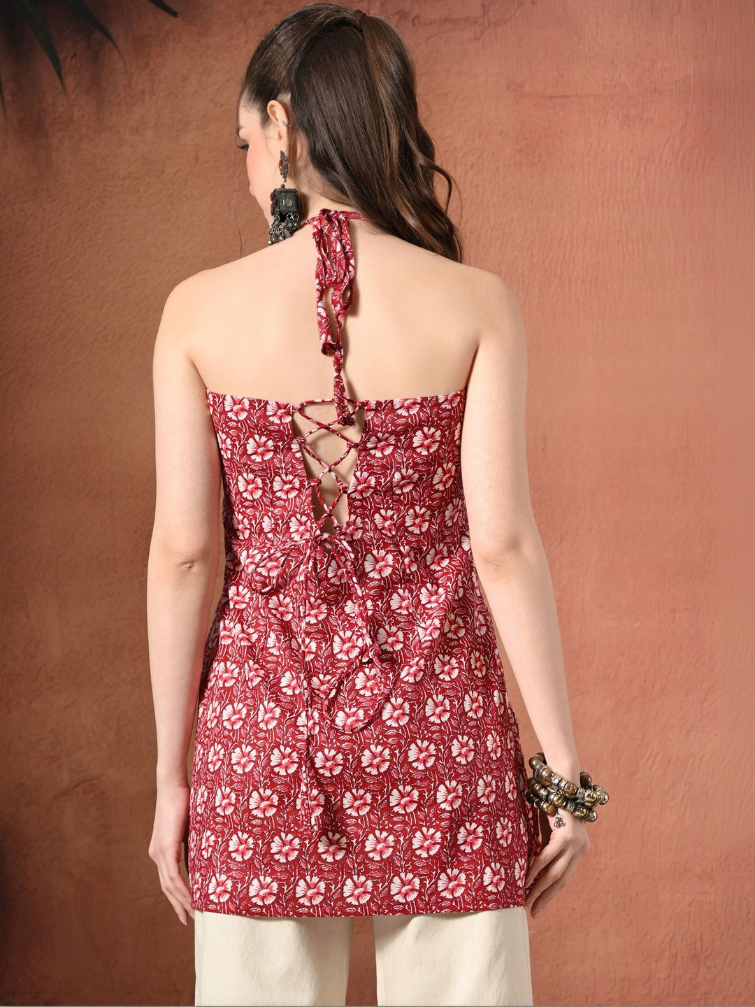 Anouk Rustic Floral Printed Halter Neck Pure Cotton Kurti