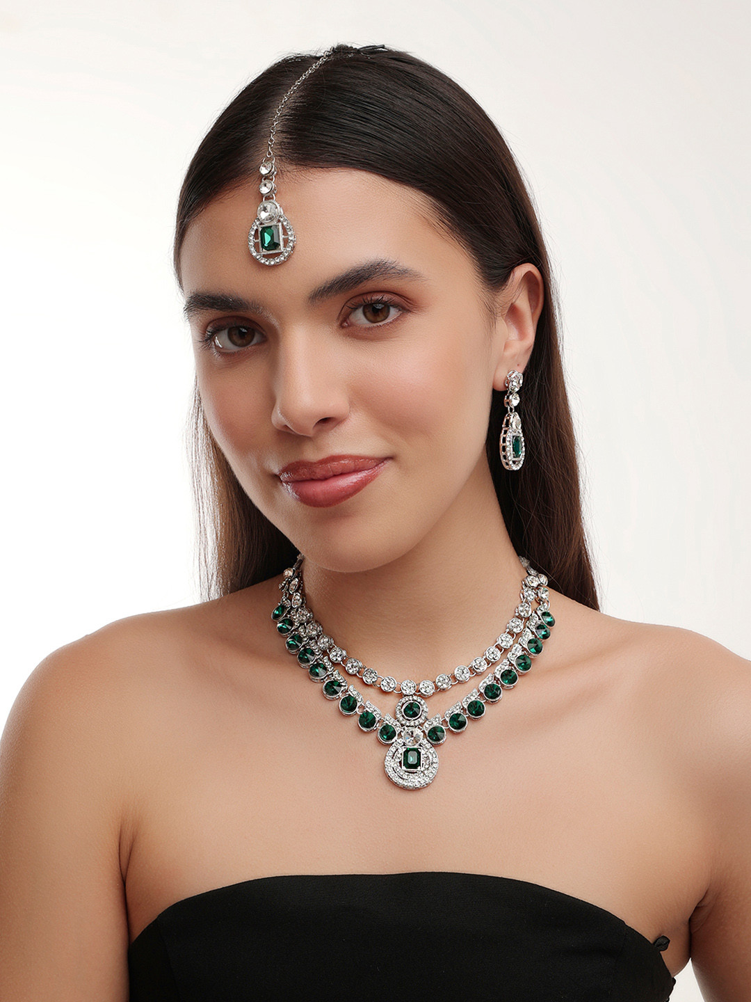 QUEENS NECK Silver-Plated Stone-Studded Jewellery Set