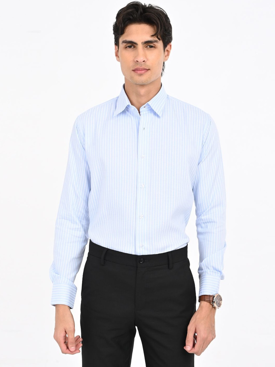 FORMAL FACTORY Men's Premium-Pure Cotton Jacquard-Striped-Full-Sleeve Shirt