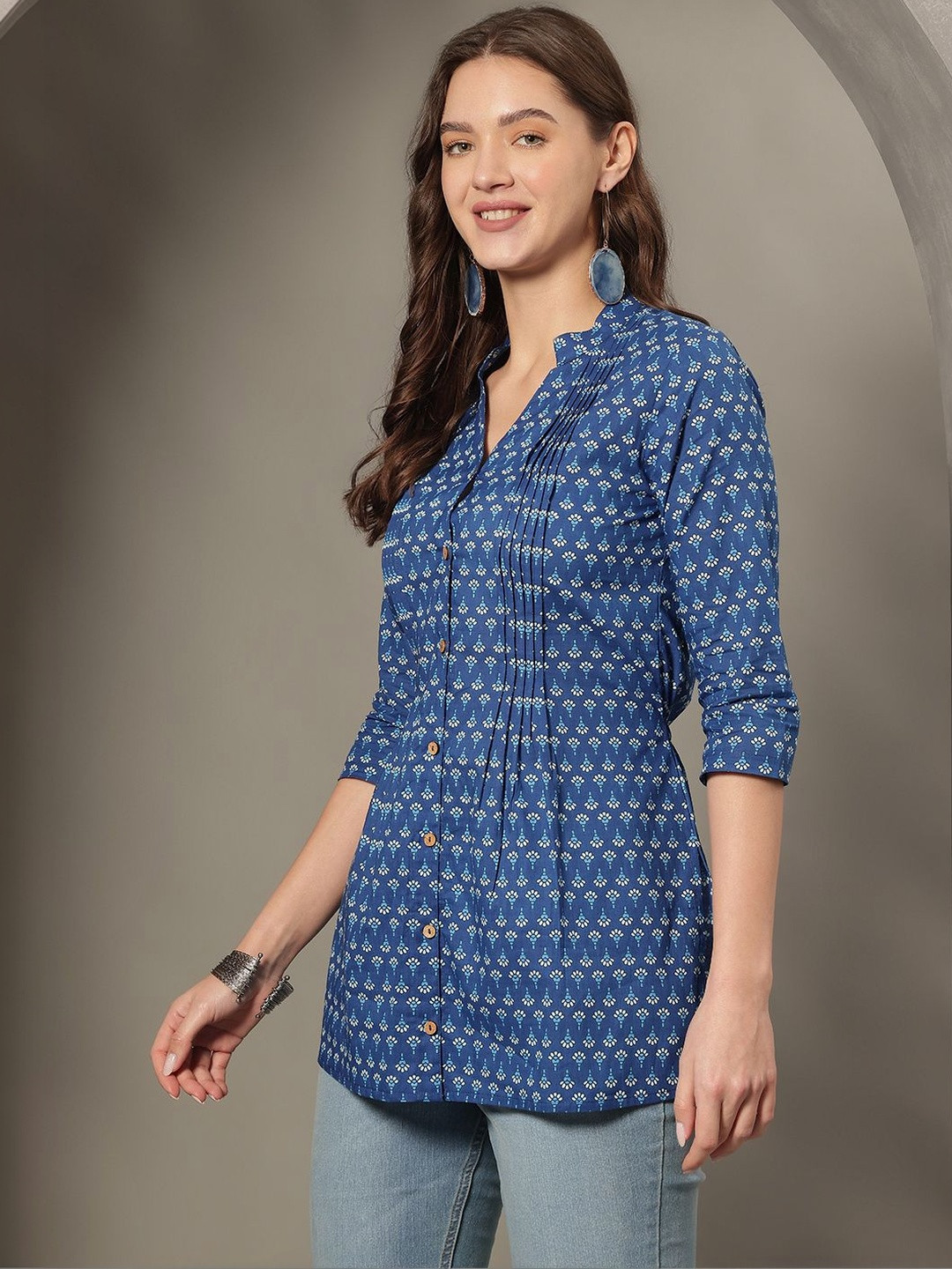 Varun Handicraft Print Mandarin Collar Ethnic Cotton Top