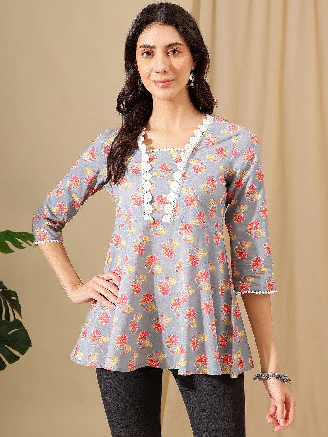 Varun Handicraft Floral Print Ruffles Cotton Top