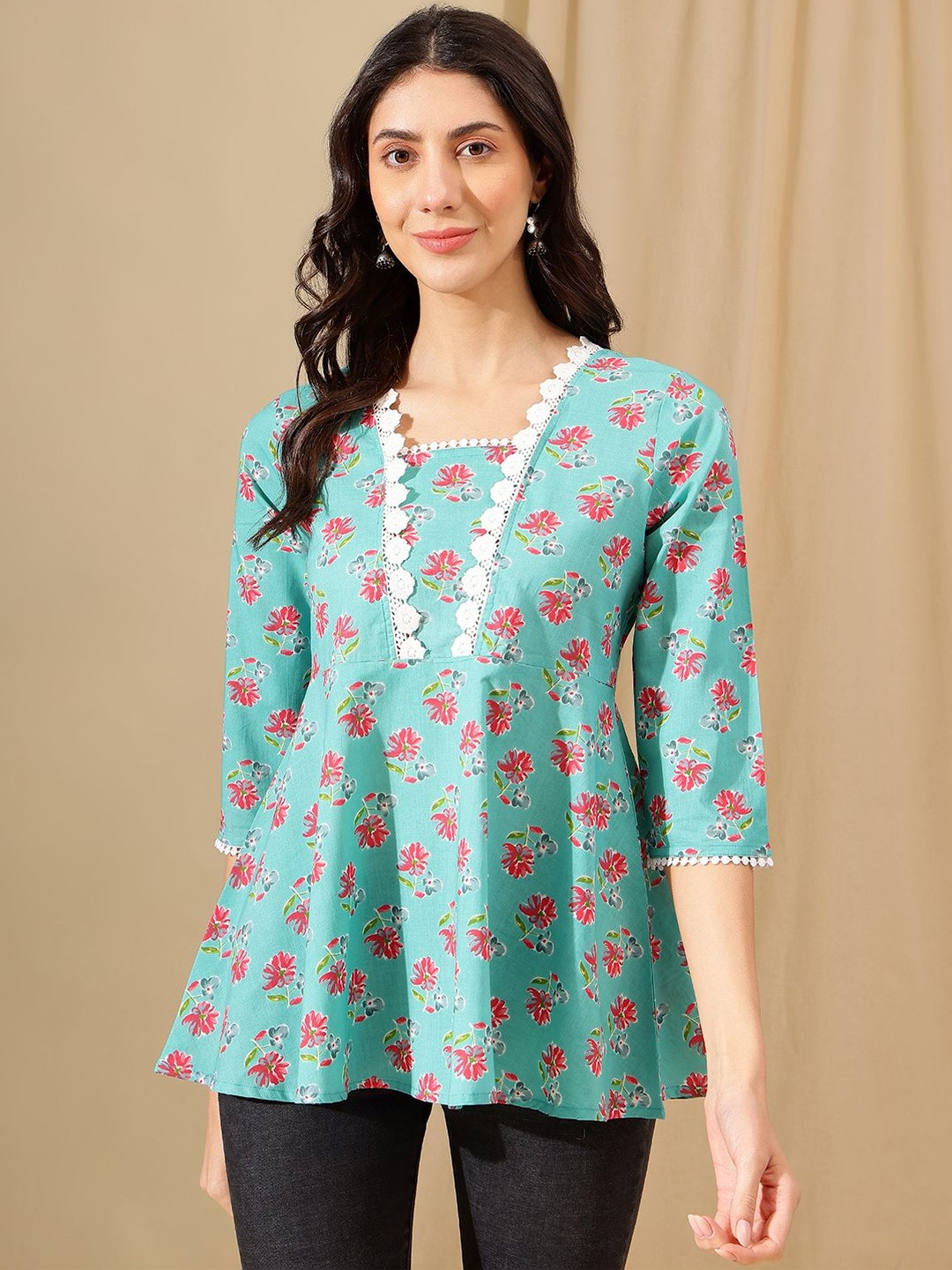 Varun Handicraft Floral Print Ruffles Cotton Peplum Top