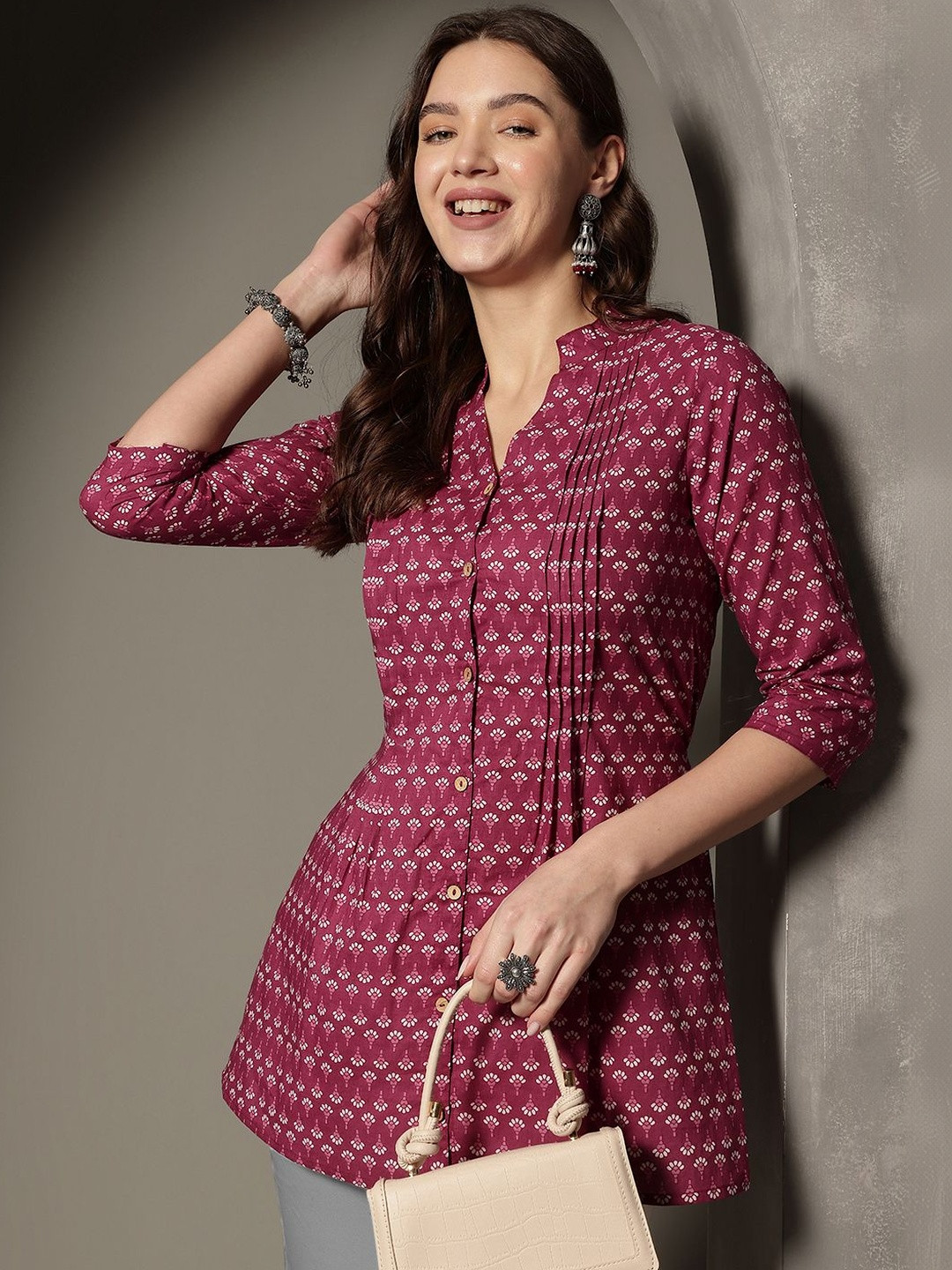Varun Handicraft Print Mandarin Collar Ethnic Cotton Top