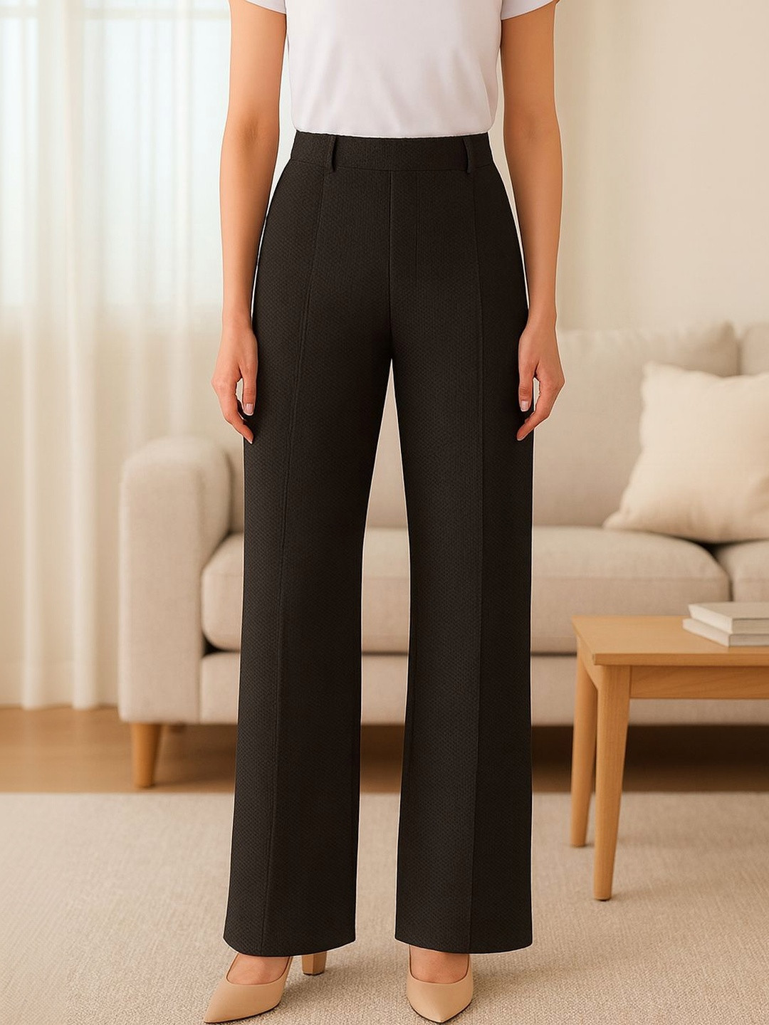 VOGAAN Women Textured Tailored Loose Fit High-Rise Easy Wash Trousers