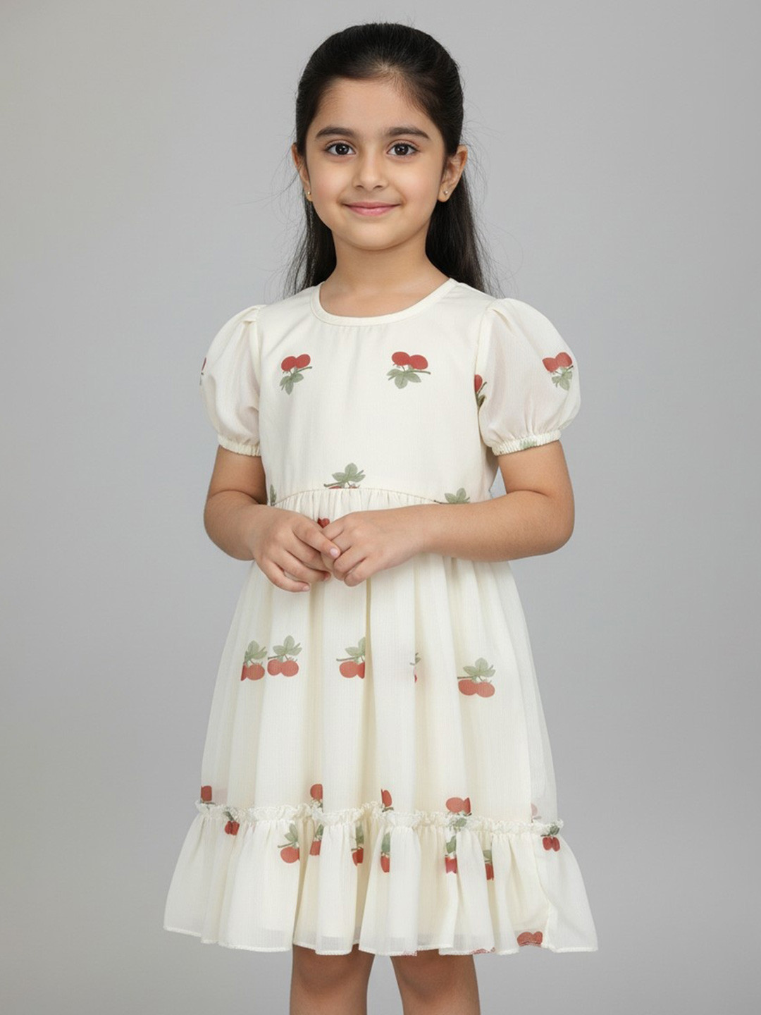 Color Trends Girls Floral Printed Puff Sleeve Fit & Flare Dress