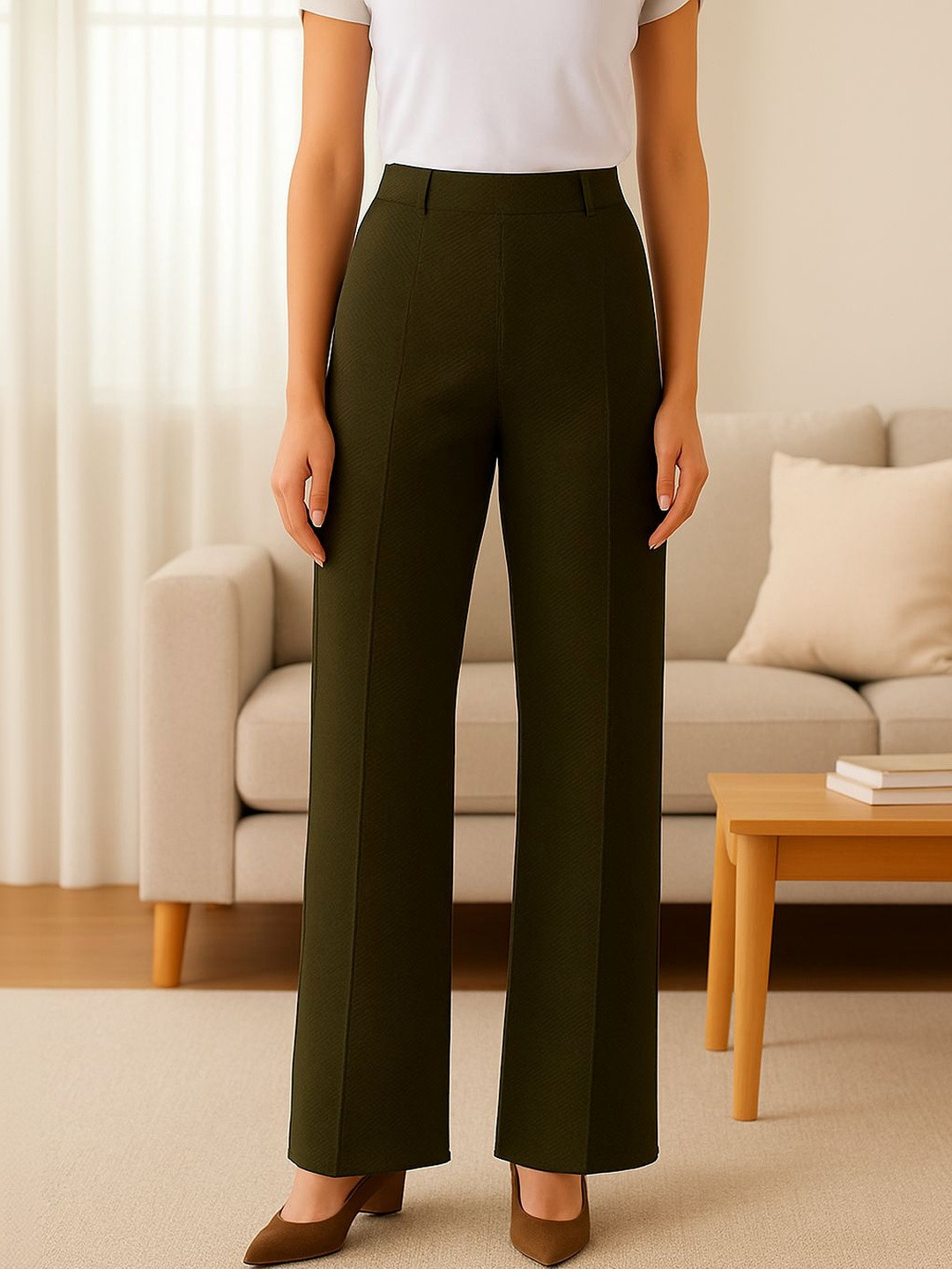 VOGAAN Women Textured Tailored Loose Fit High-Rise Easy Wash Trousers